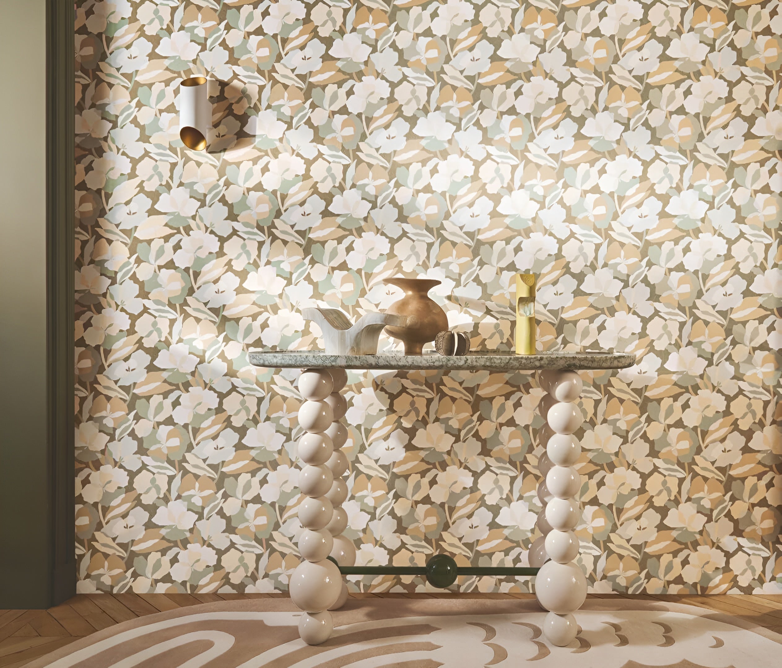 Amaryllis Floral Pattern Wallpaper - Sage/Nacre Light Green with Beige