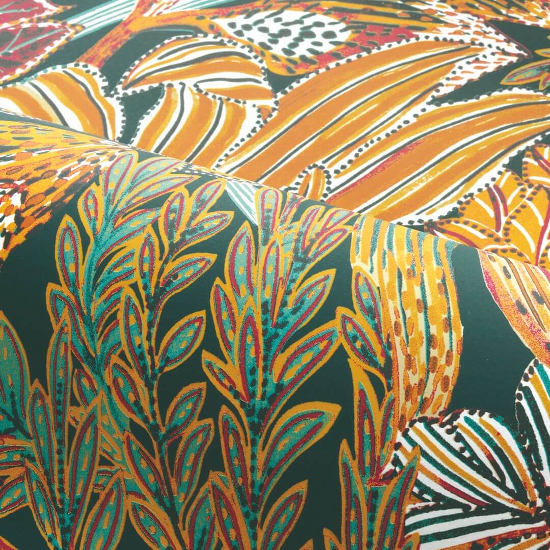 Tropical Leaf Pattern Wallpaper BORROMMEE - PETROLE/MULTICO turquoise with green