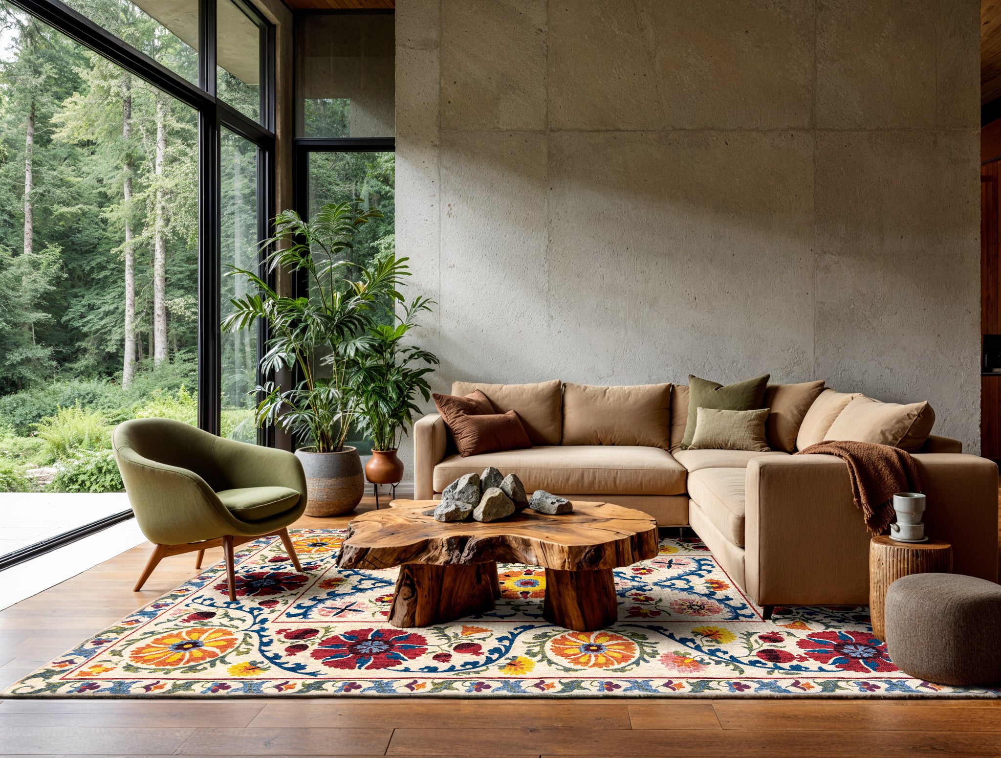 SUZANI ORIGINE beige rug with orange