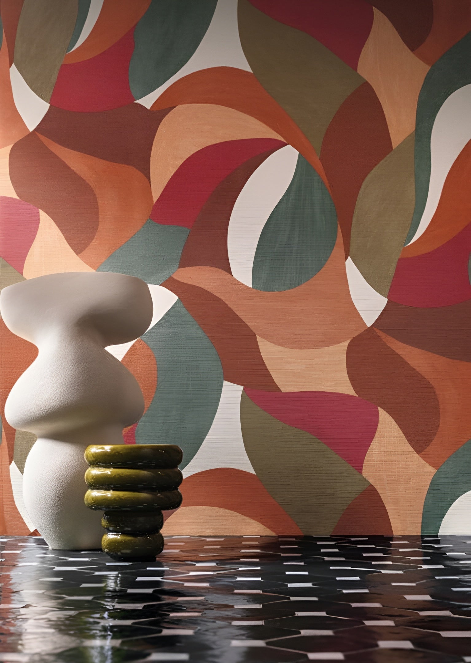 Abstrakte wandbekleding met plantaal motief in bladeren MANDORLA - ORANJE BRULEE/GROEN IMPERIAL oranje met groen