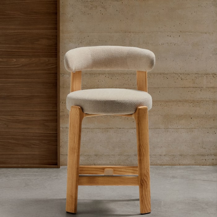 GRANITE beige chenille stool with an ash base