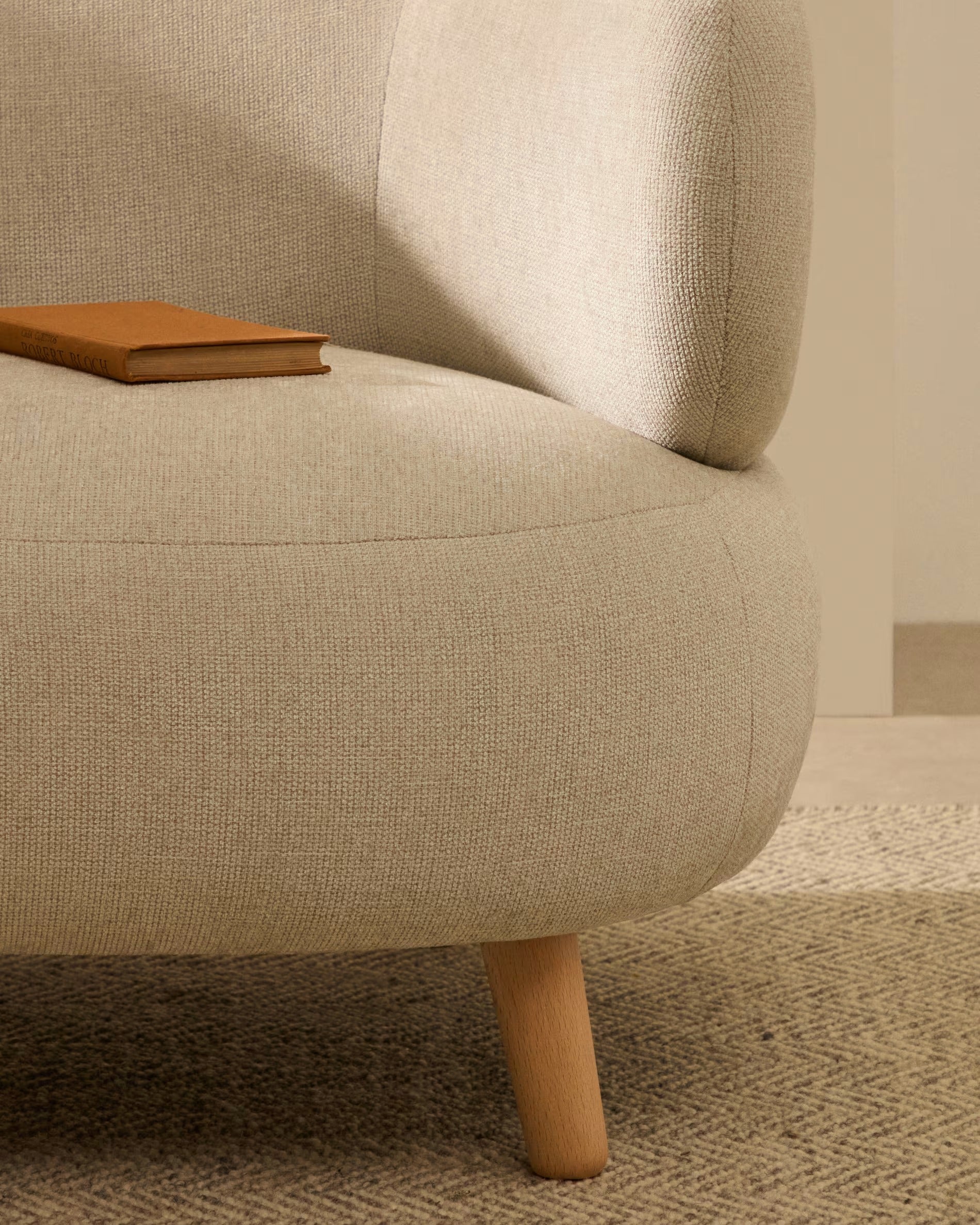 LUISA armchair in pearl chenille with a solid beech wood base