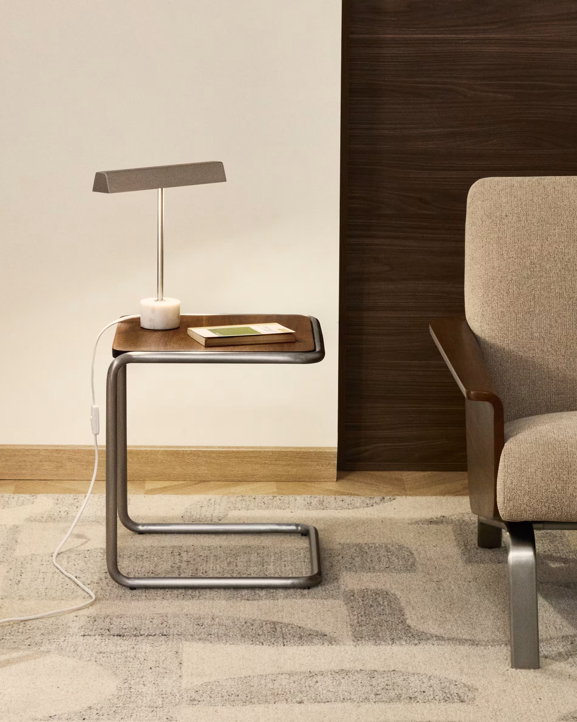 TARSEL dark brown side table with walnut veneer and steel base