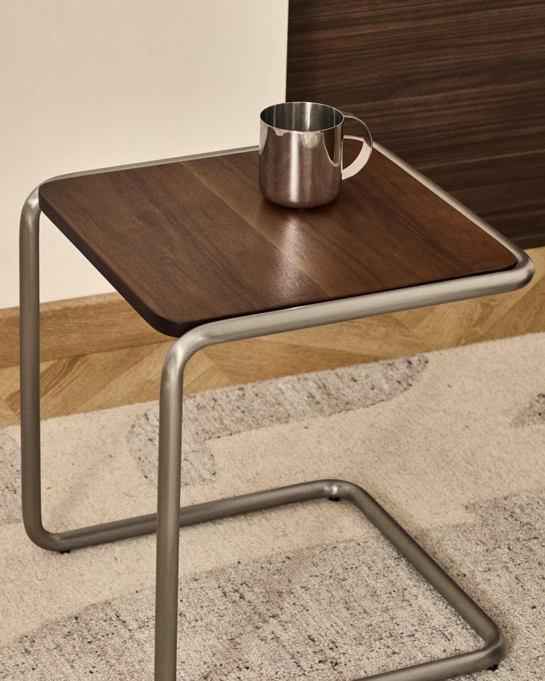 TARSEL dark brown side table with walnut veneer and steel base