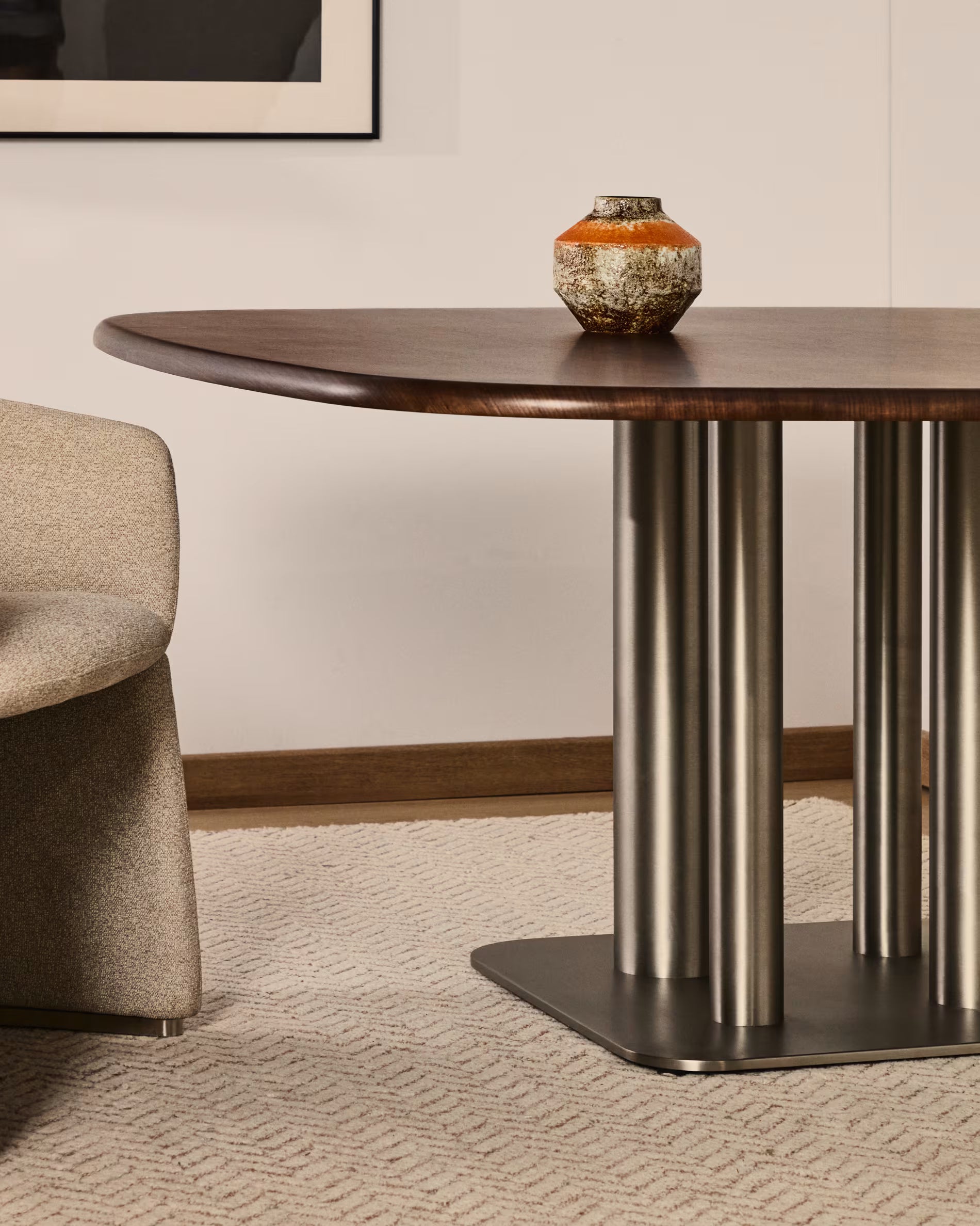 Square table MELVAR walnut veneer with a steel base