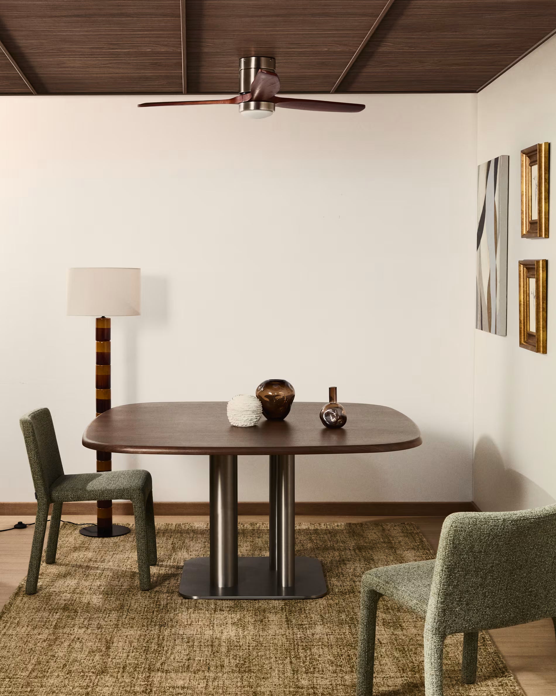 Square table MELVAR walnut veneer with a steel base