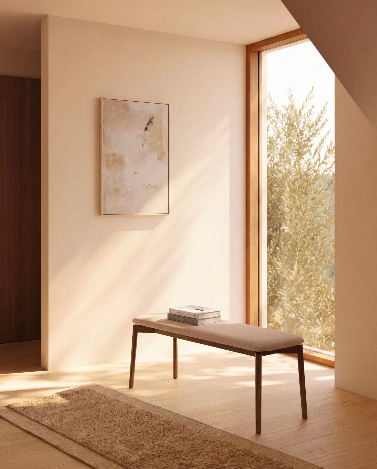 EVERA bank in beige chenille with a dark veneered oak base