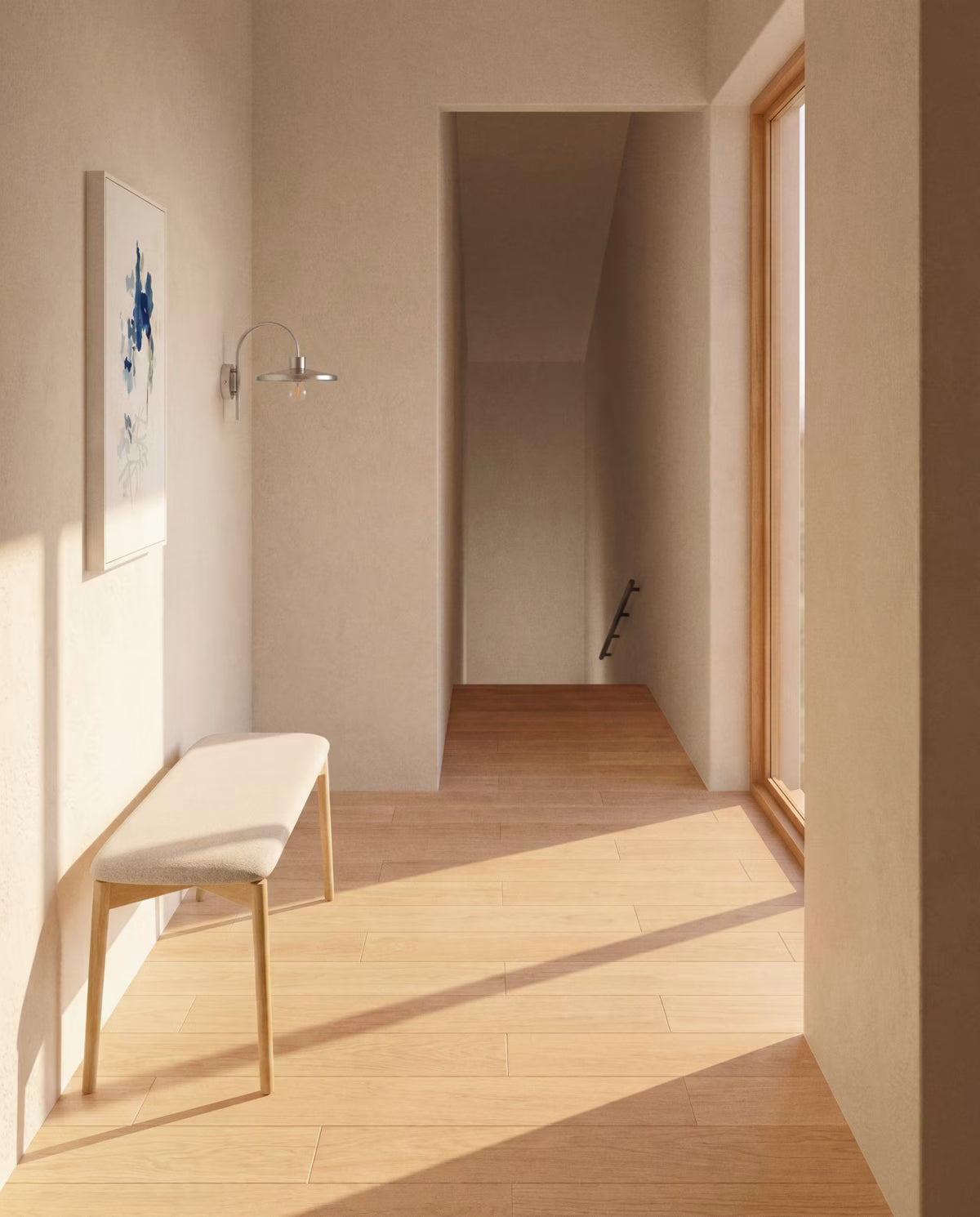 EVERA bank in beige chenille with a veneered oak base