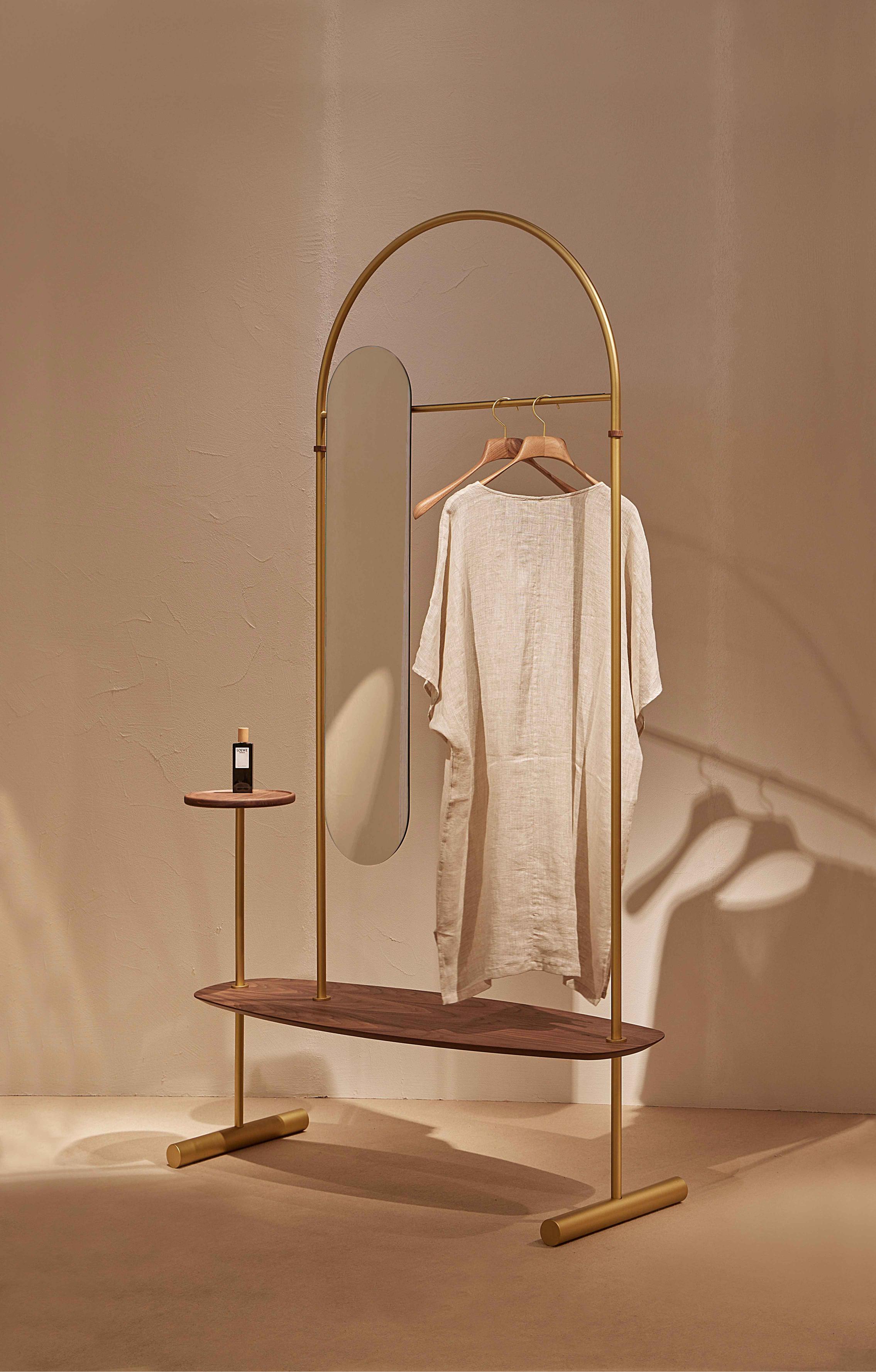 ARCO Coat Rack with Mirror, Walnut Wood with Brass Finish