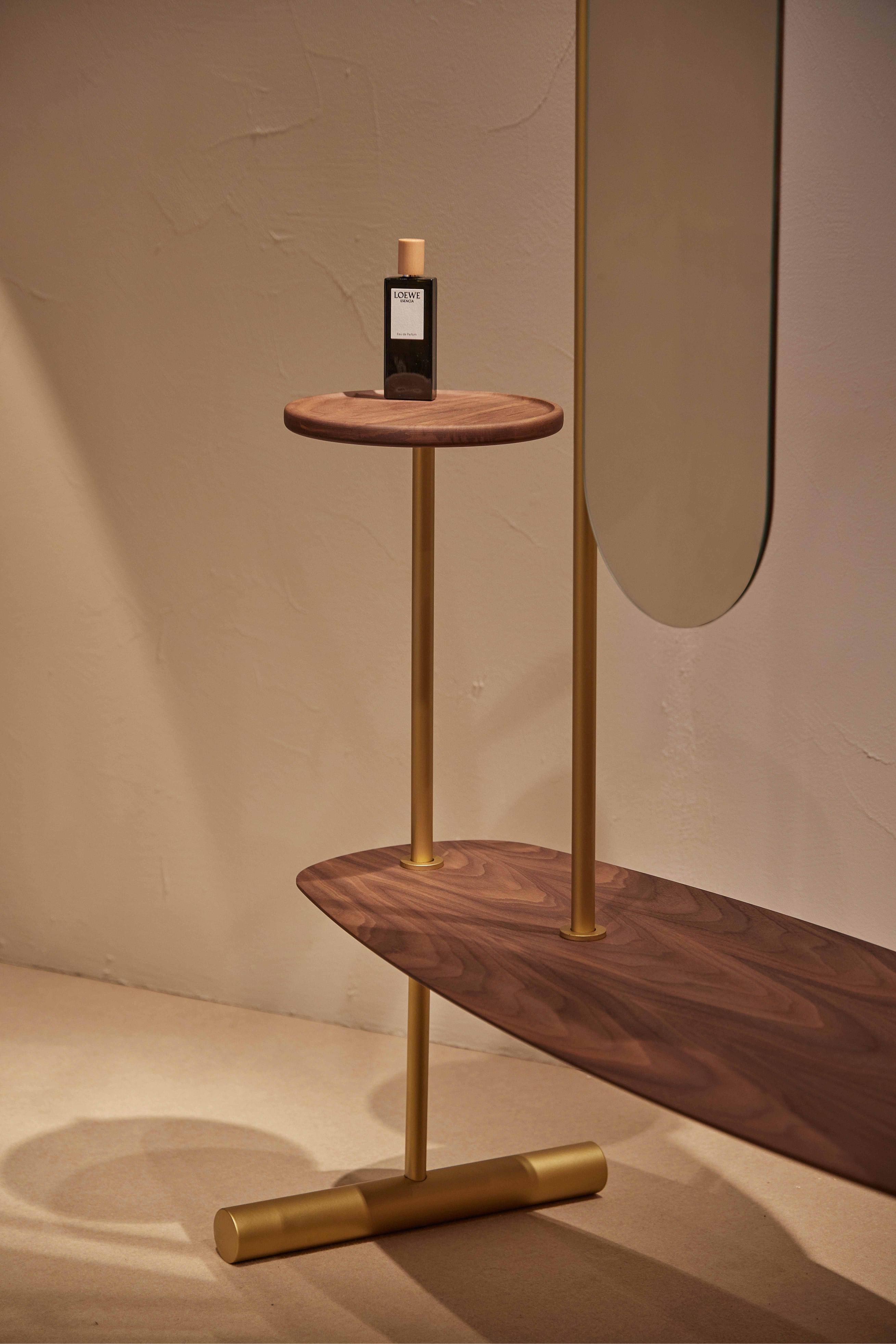 ARCO Coat Rack with Mirror, Walnut Wood with Brass Finish