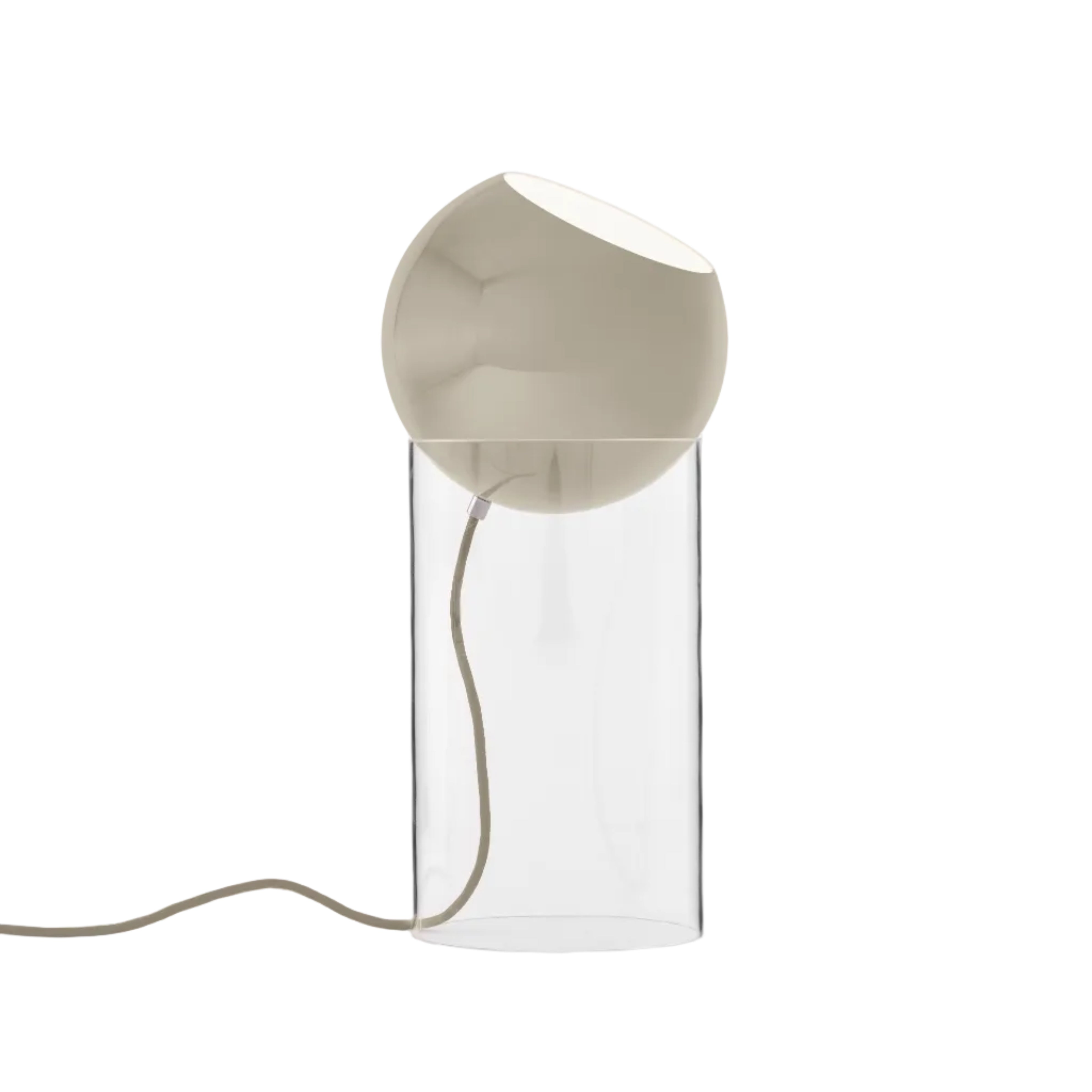 Tafellamp TOPAN met een grijsbeige kap en een transparante voet