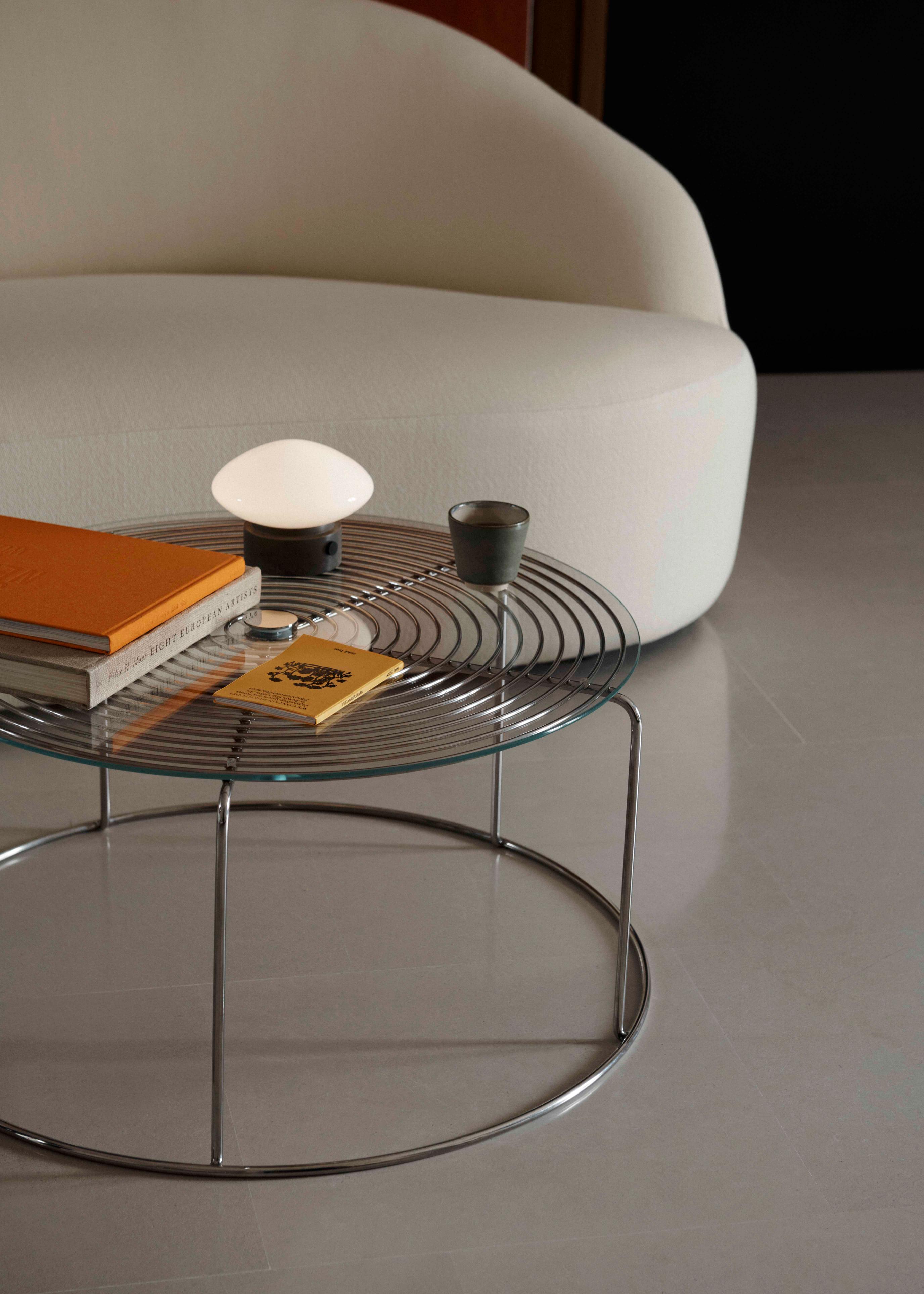 Salontafel WIRE VP17 met glazen blad en gepolijste stalen basis