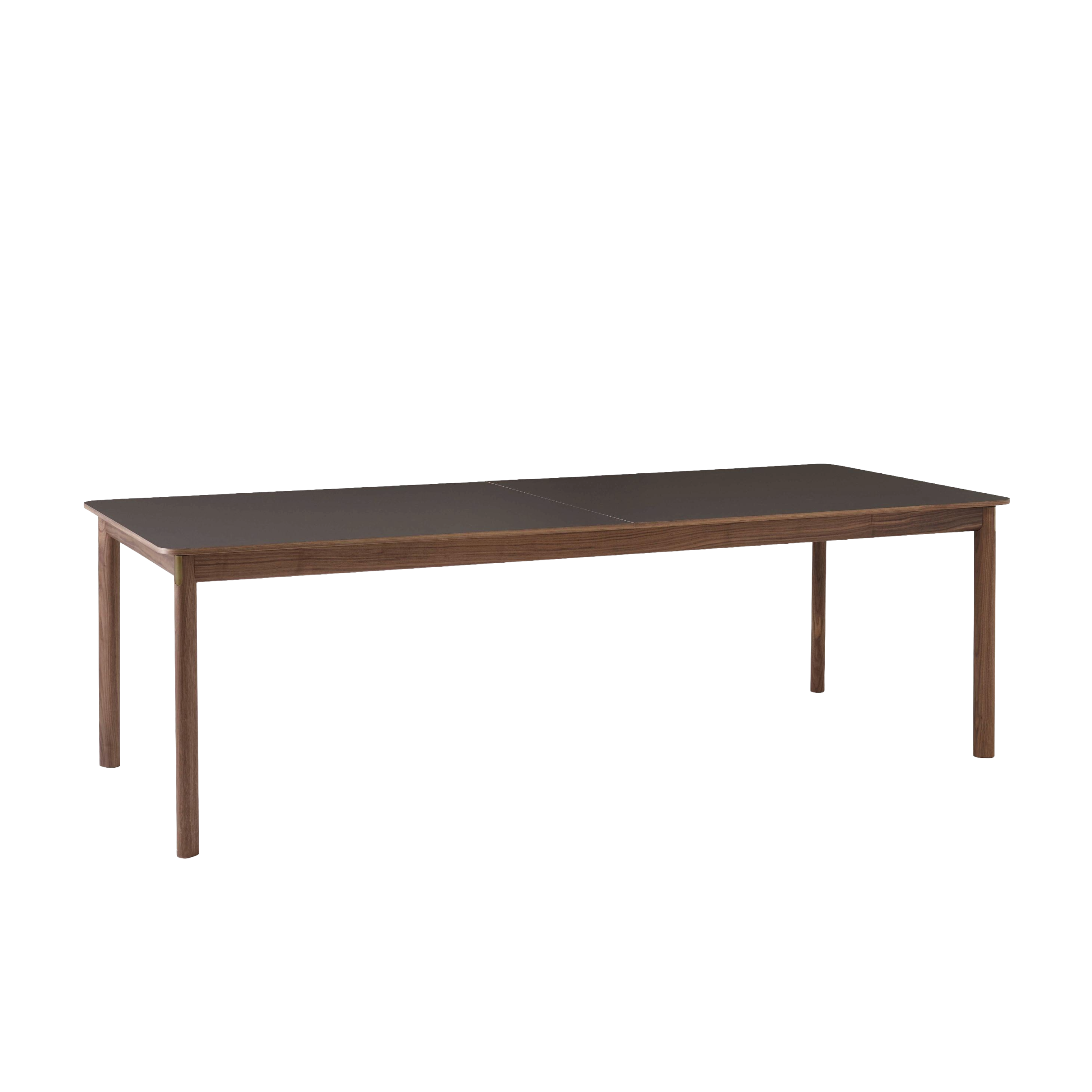 Uitschuifbare tafel PATCH met een bruin laminaatblad en een notenhouten basis