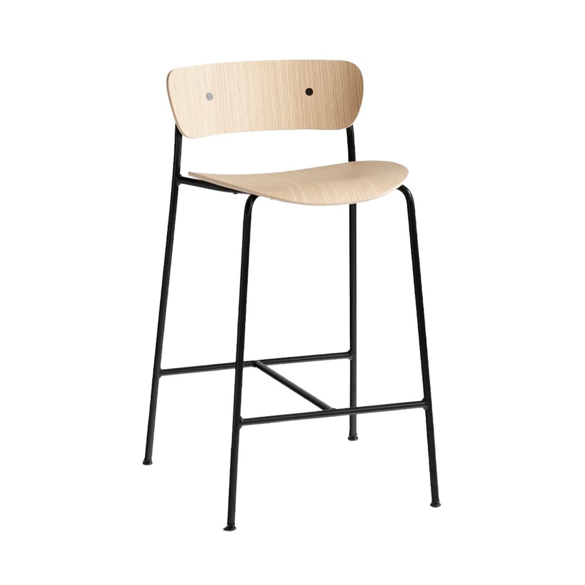 Hocker met rugleuning PAVILION gelakt eiken met een zwarte stalen basis