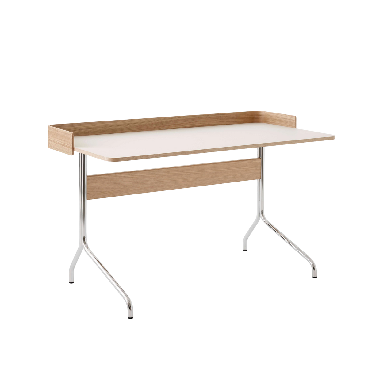 Bureau PAVILION met een beige linoleumblad, eiken afwerking en een stalen basis
