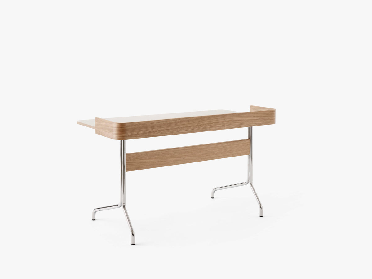 Bureau PAVILION met een beige linoleumblad, eiken afwerking en een stalen basis