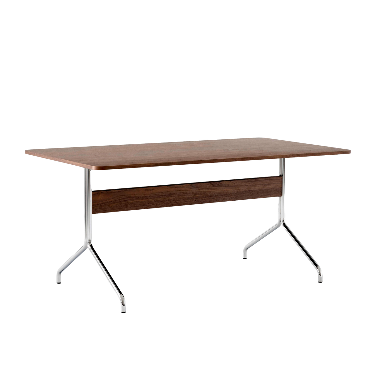 Gecoate PAVILION notenhouten tafel met een verchroomde basis