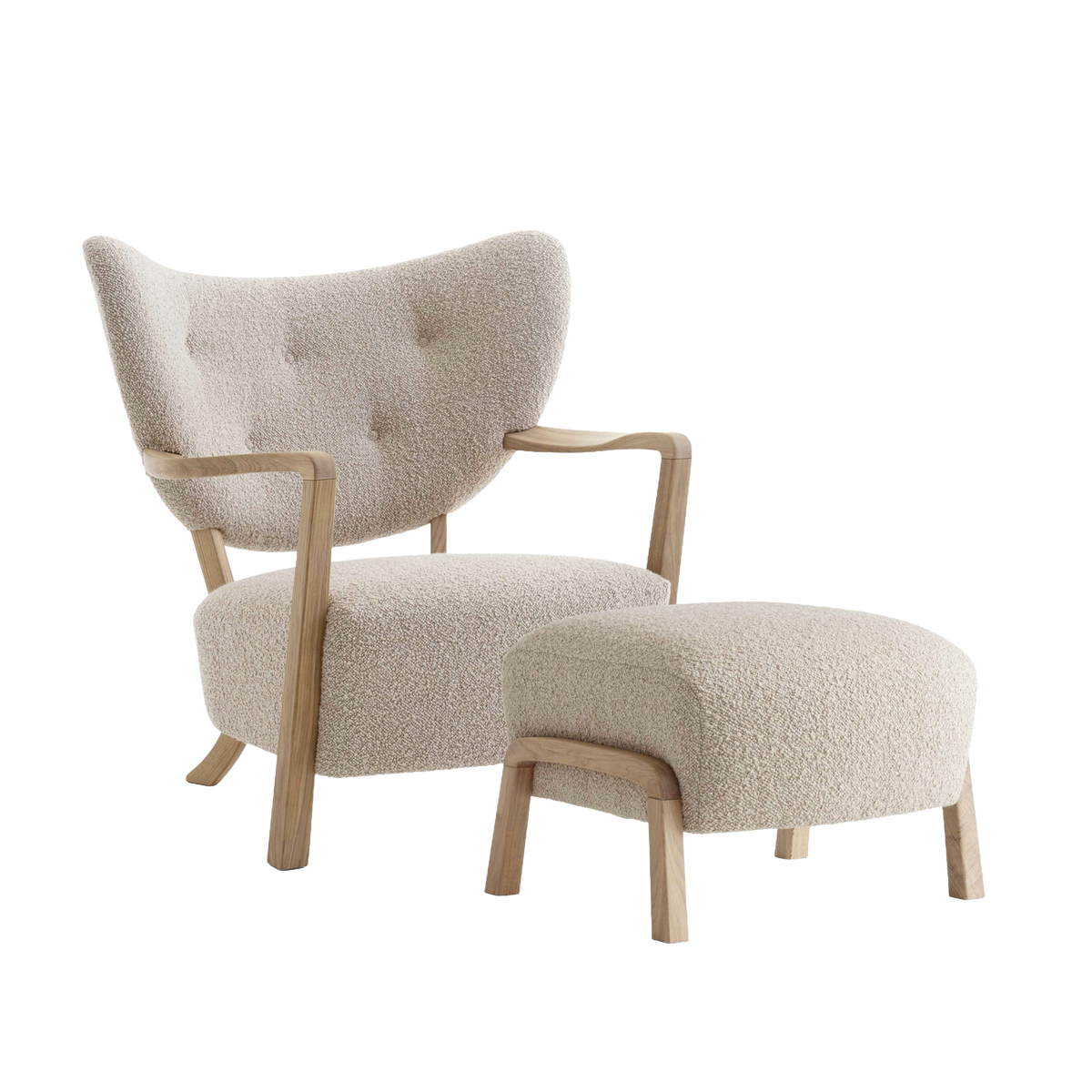 Fauteuil met voetensteun WULFF gestoffeerd met eiken basis