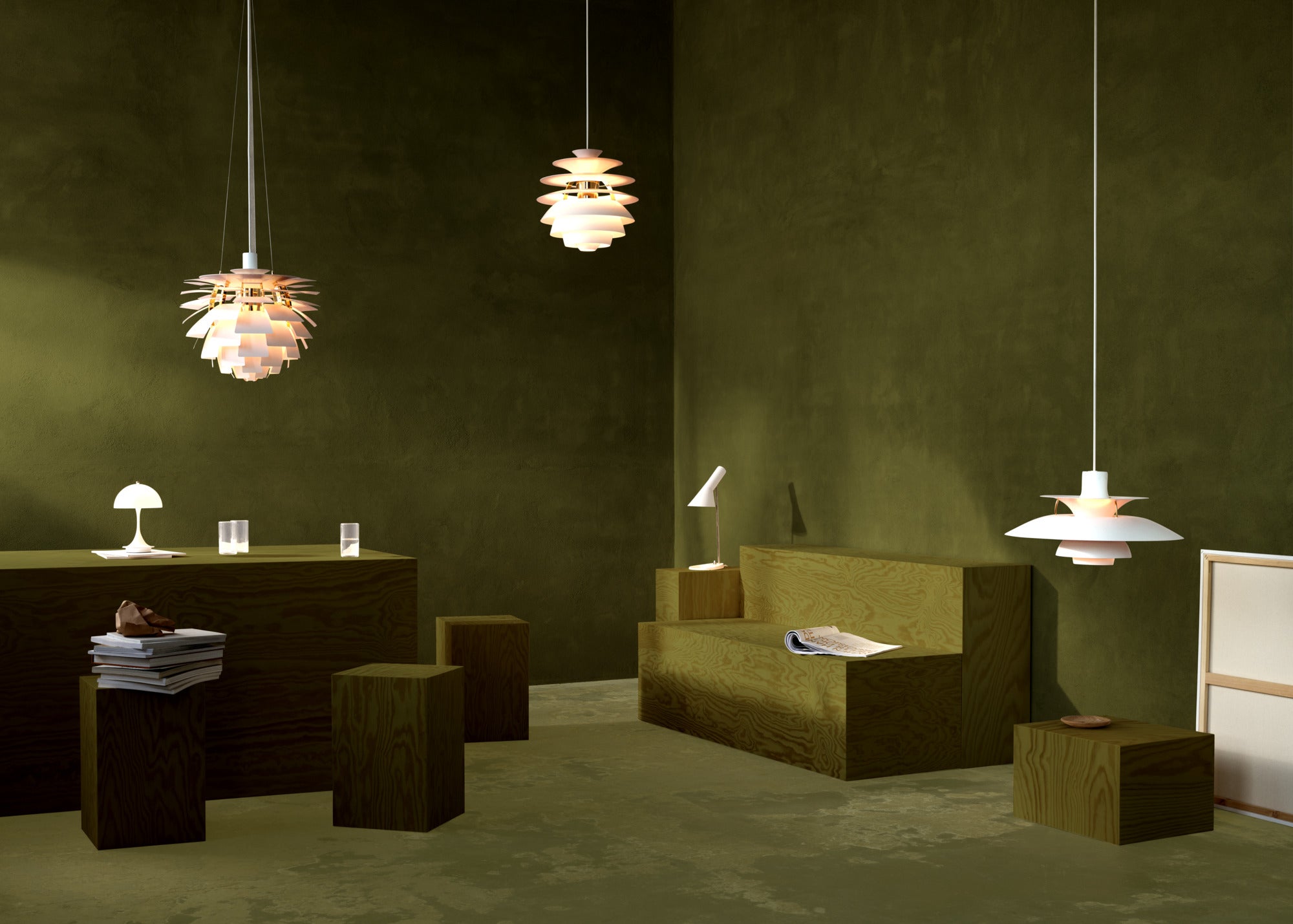 Hanglamp PH SNOWBALL vuilgroen met messing afwerking