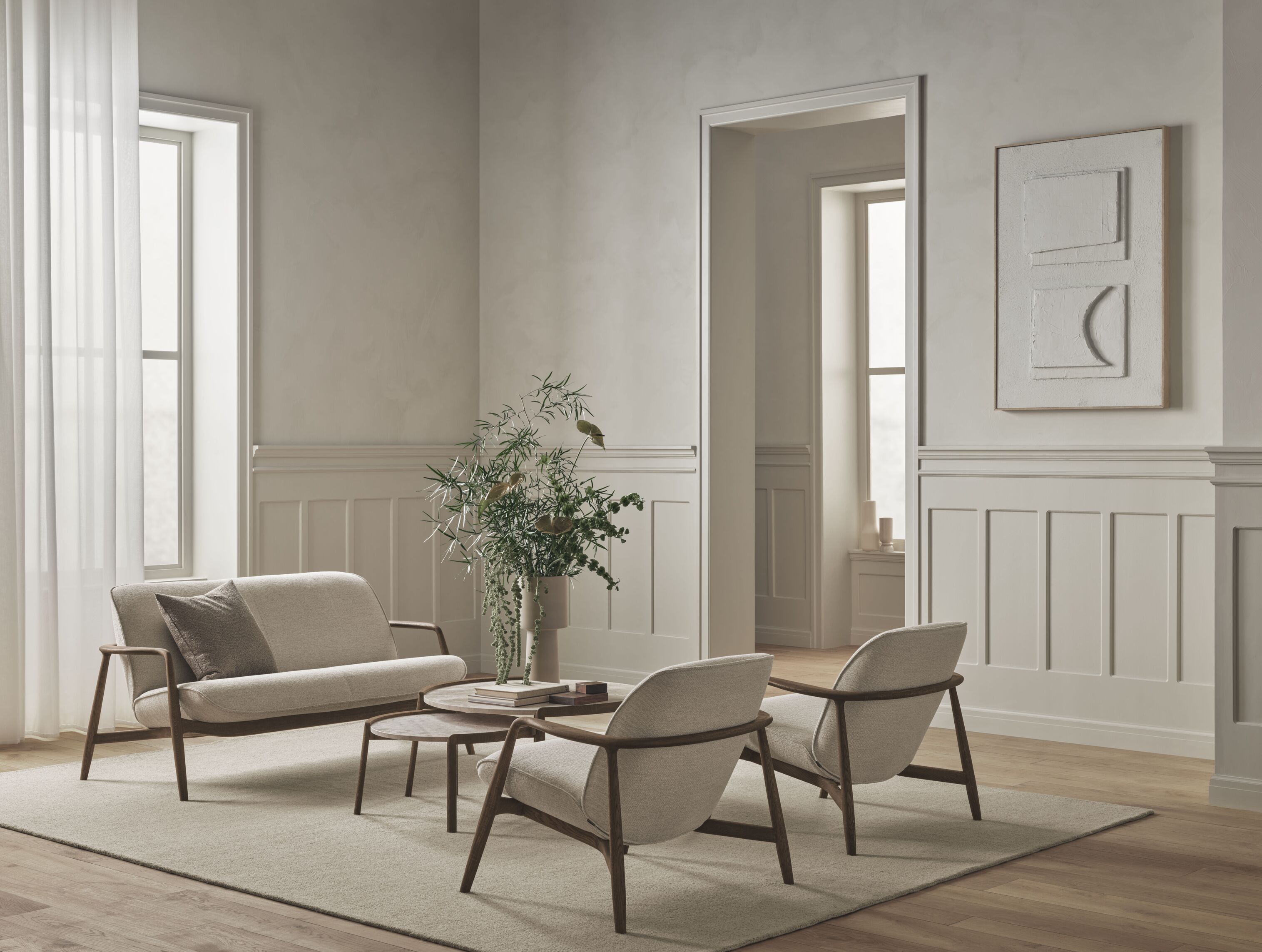 BOWIE gestoffeerde bank met eikenhouten basis