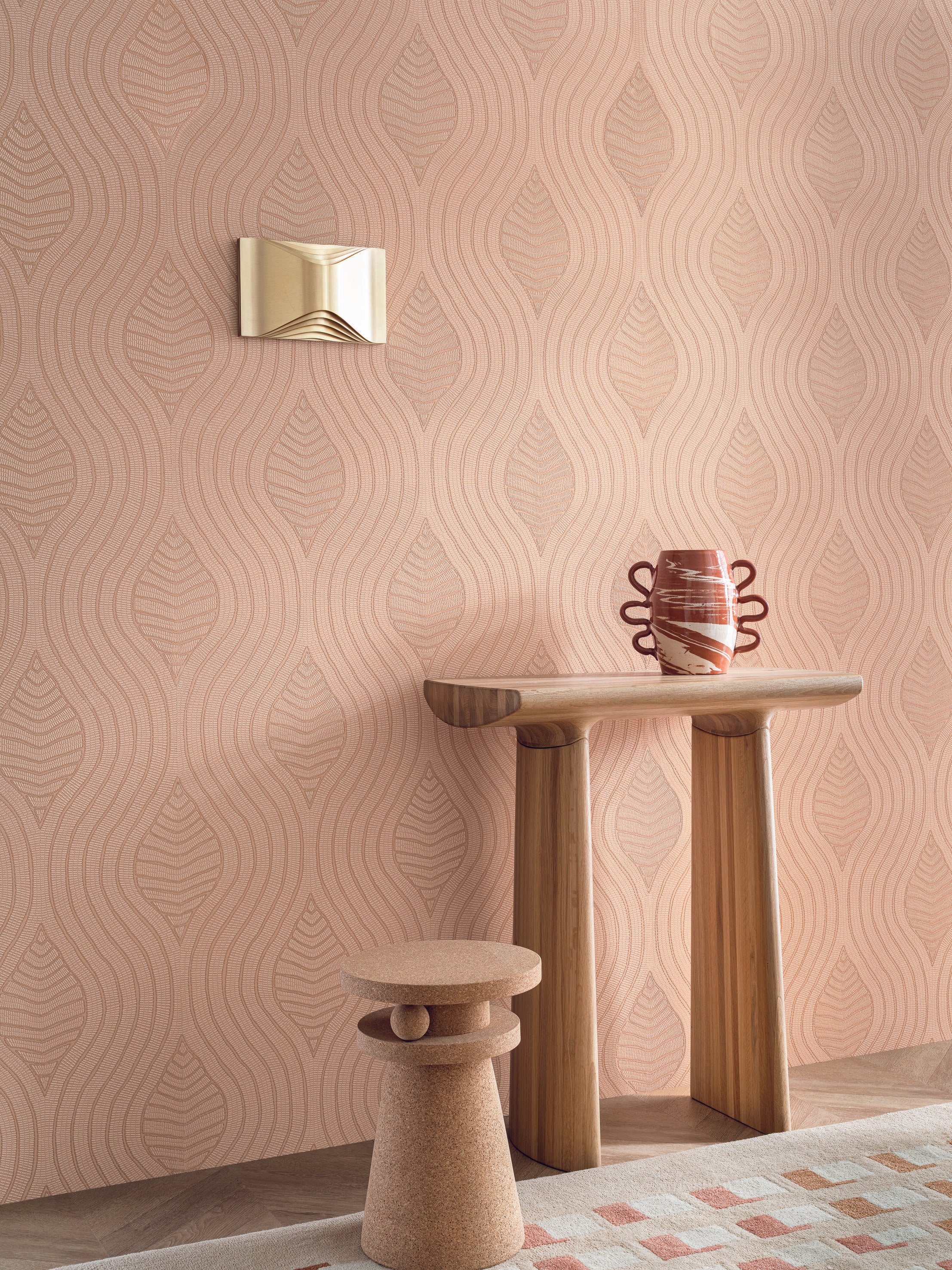 Structural wallpaper imitating embroidery in a geometric wave pattern BRODELIA IVORY ivory
