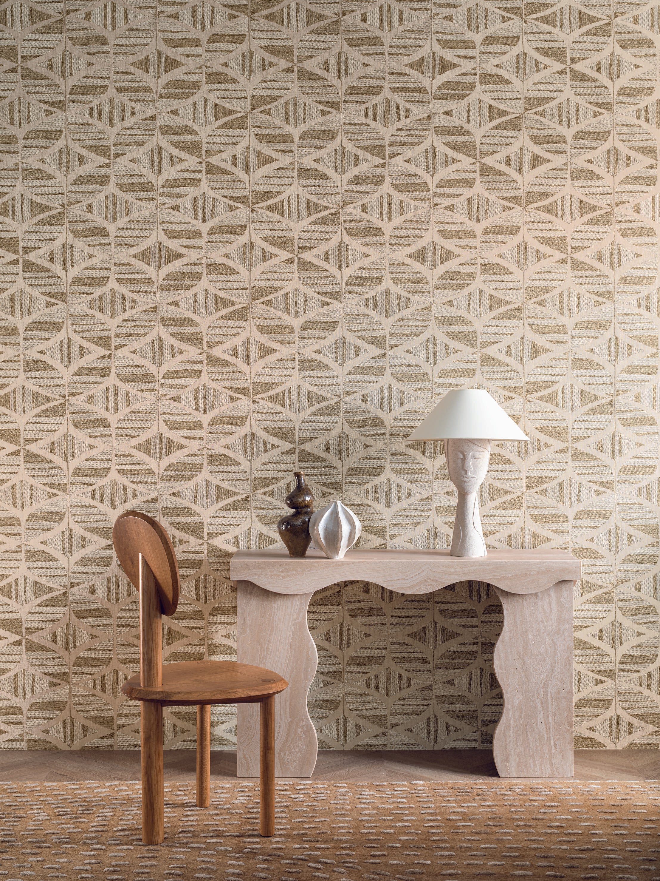 Structural wallpaper imitating embroidery with geometric pattern FILANDRA orange