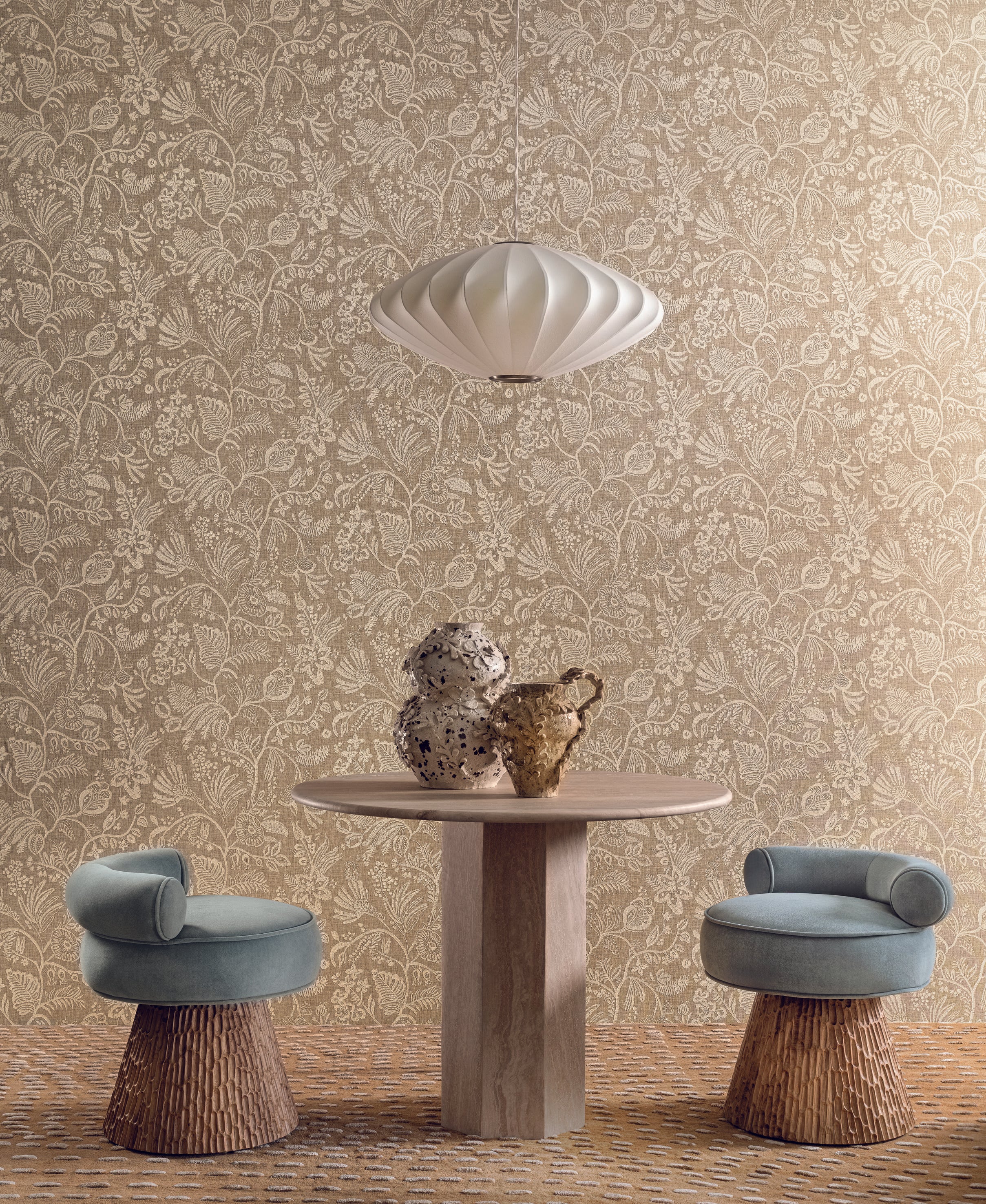 Structural wallpaper imitating embroidery with a floral and leaf pattern PASTEL dark green