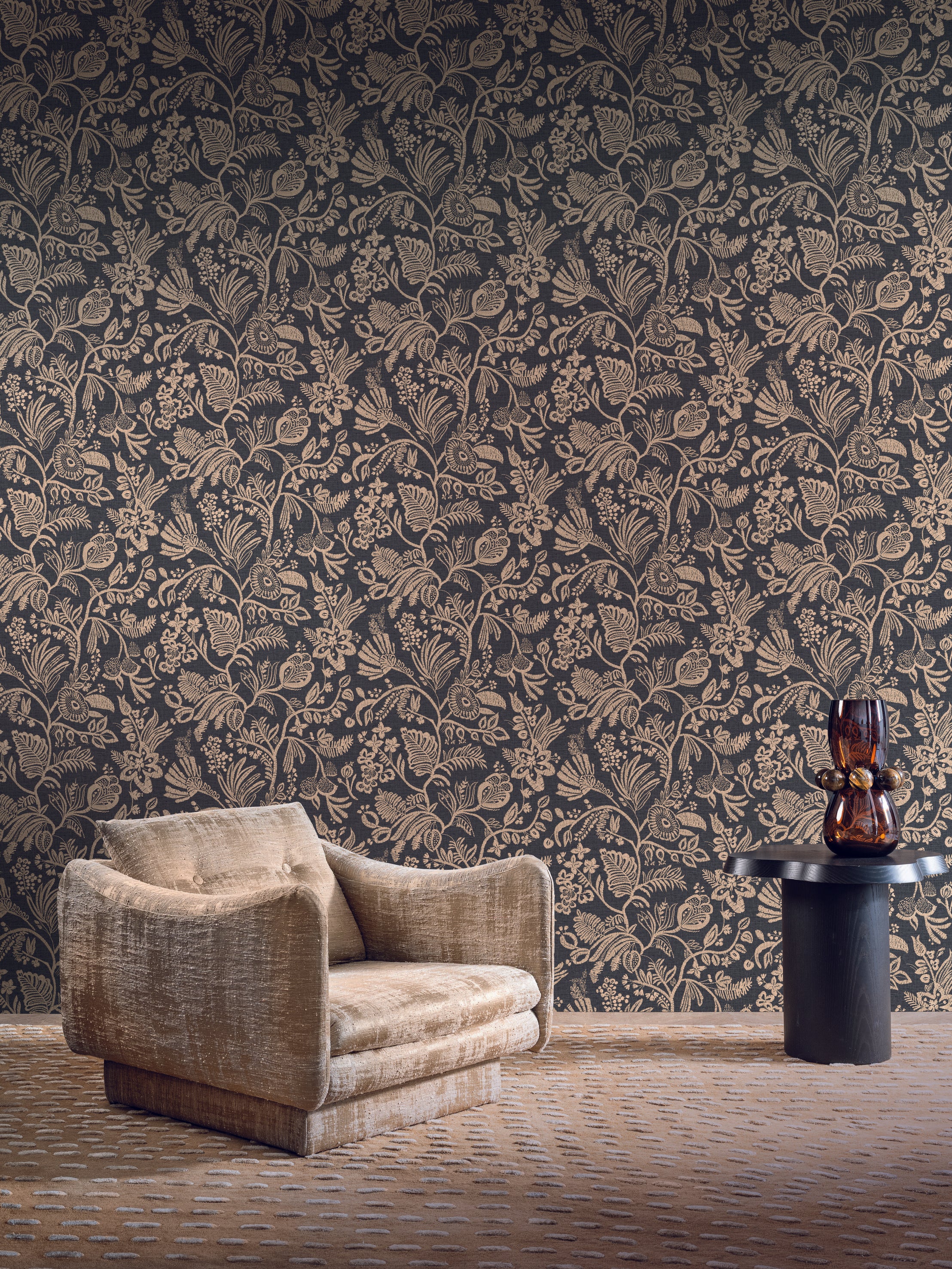 Structural wallpaper imitating embroidery with a floral and leaf pattern PASTEL dark brown