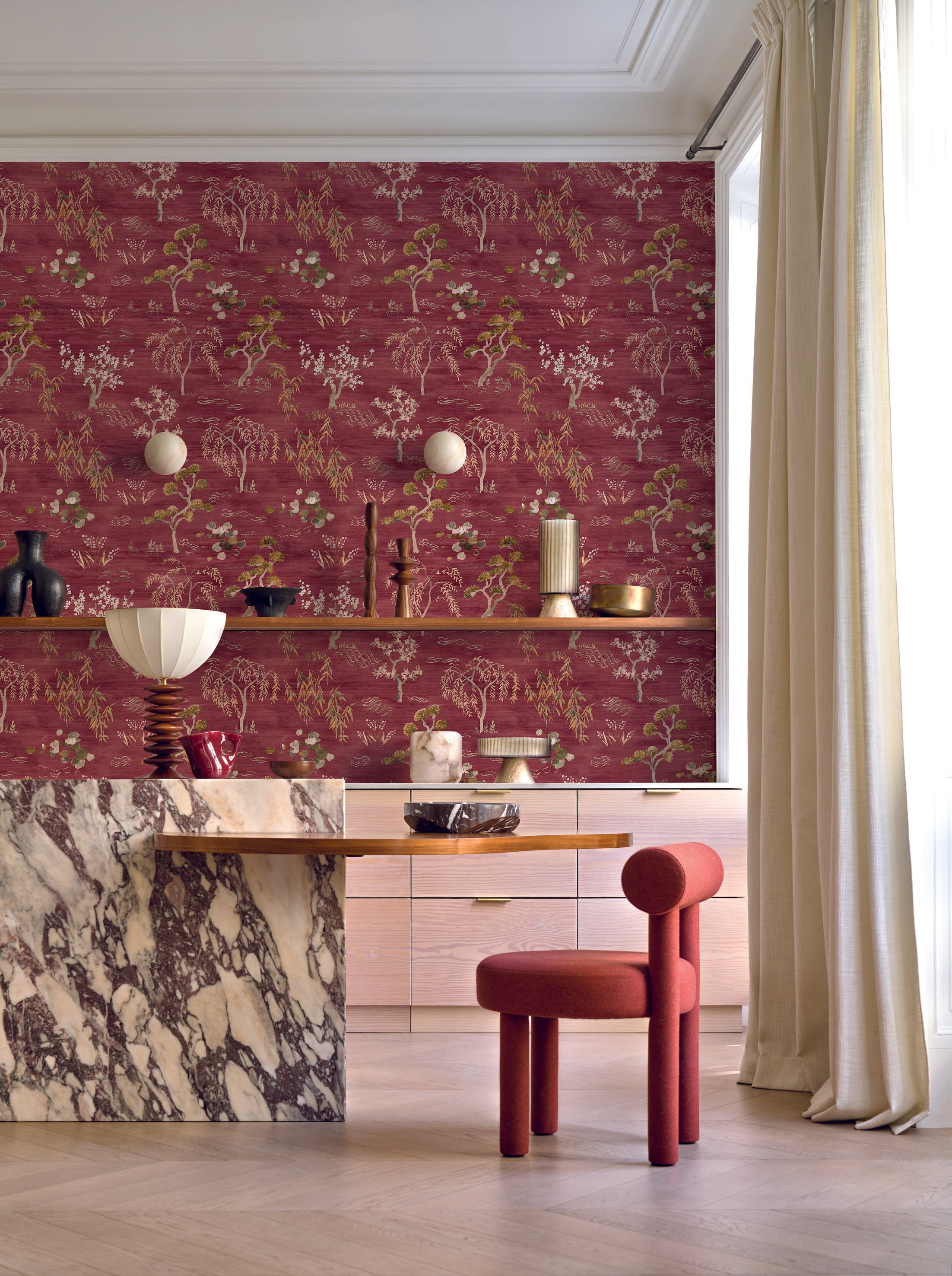 Structural wallpaper with an oriental tree plant motif AME - DORÉ/ENCRE navy blue with dark beige