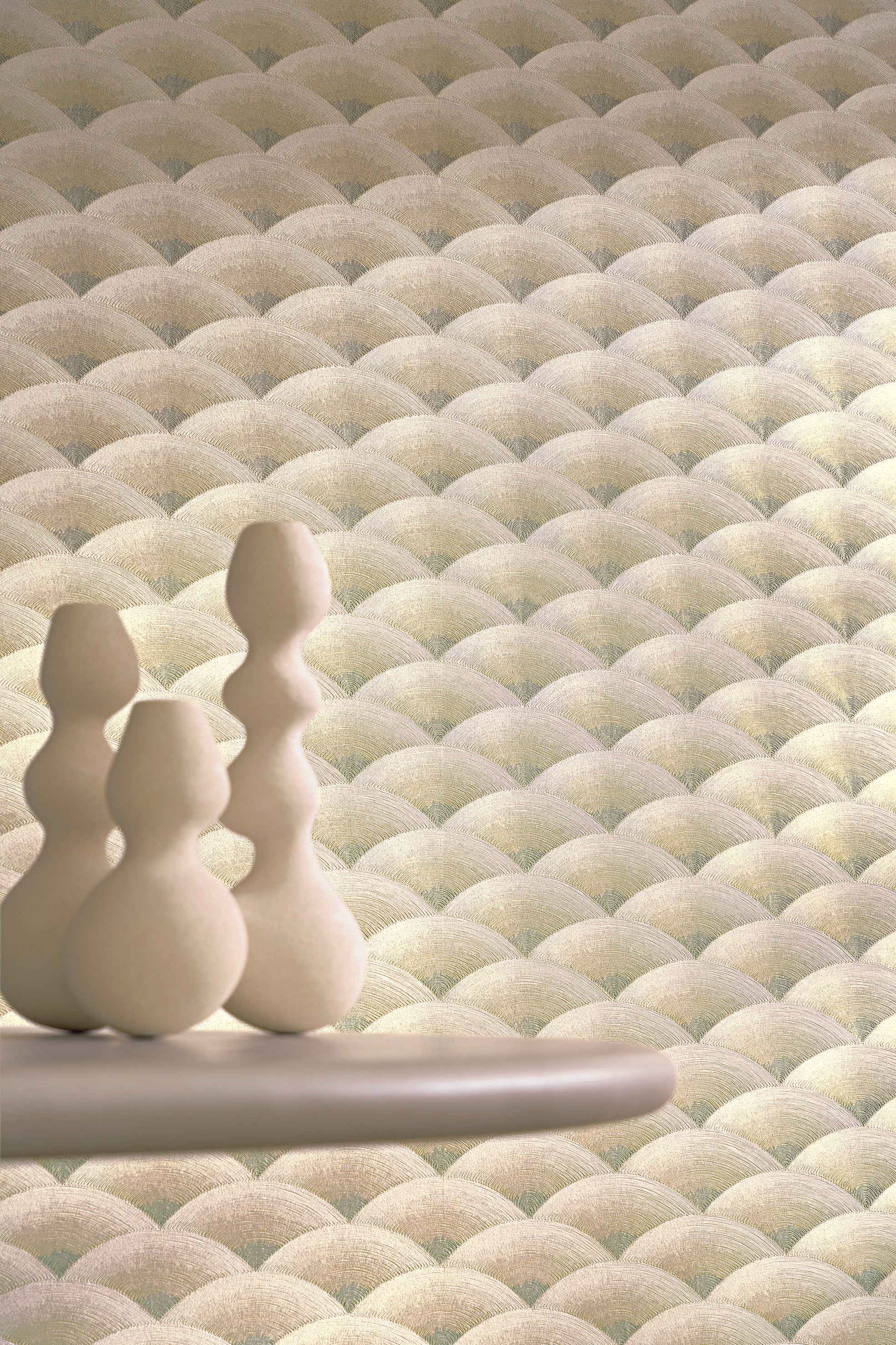 Structural wallpaper imitating geometric embroidery in wave pattern NAMI - SABLE/EUCALYPTUS sandy beige with green