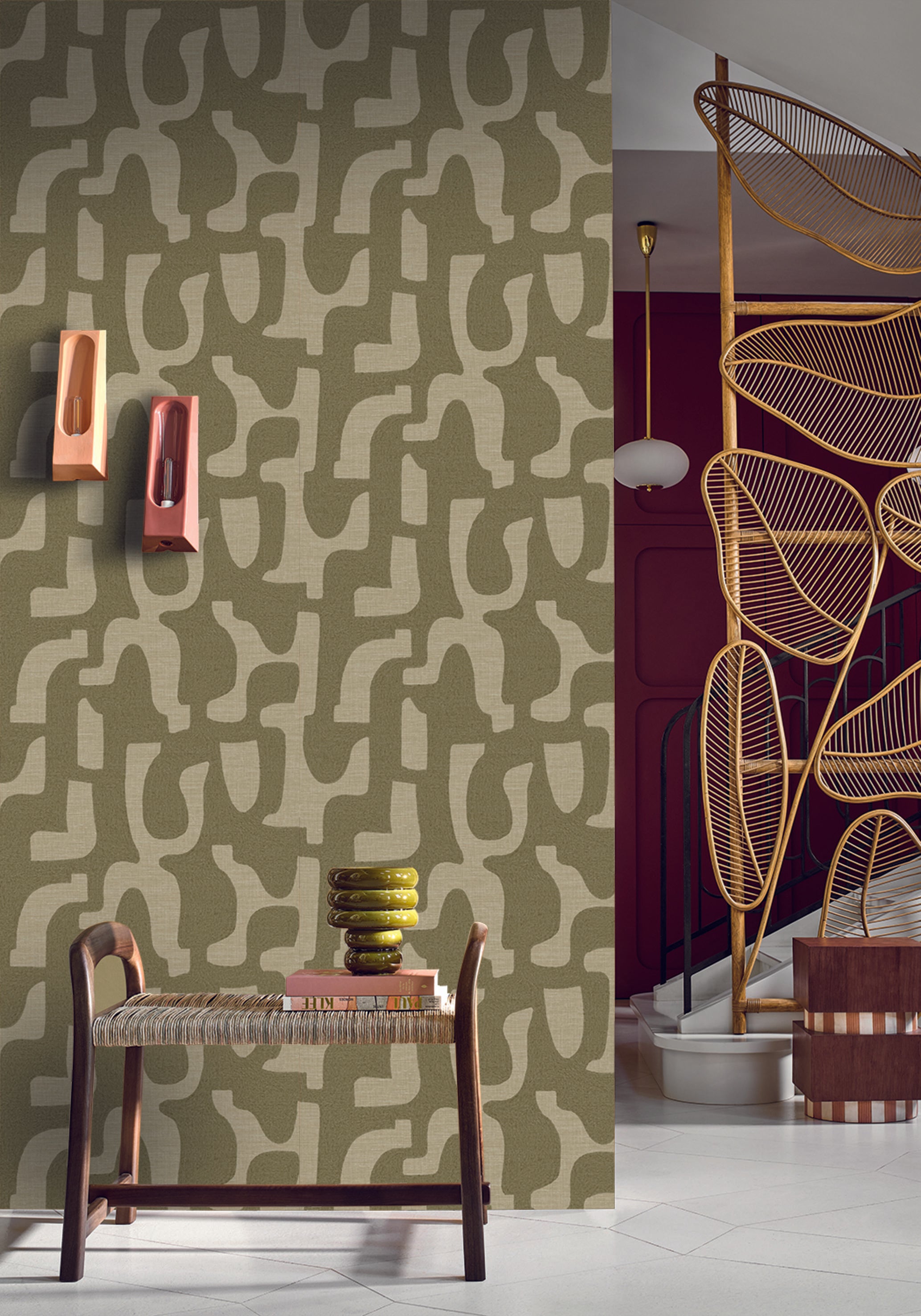 Structural wallpaper imitating fabric in abstract organic shapes SERAN - TILLEUL green
