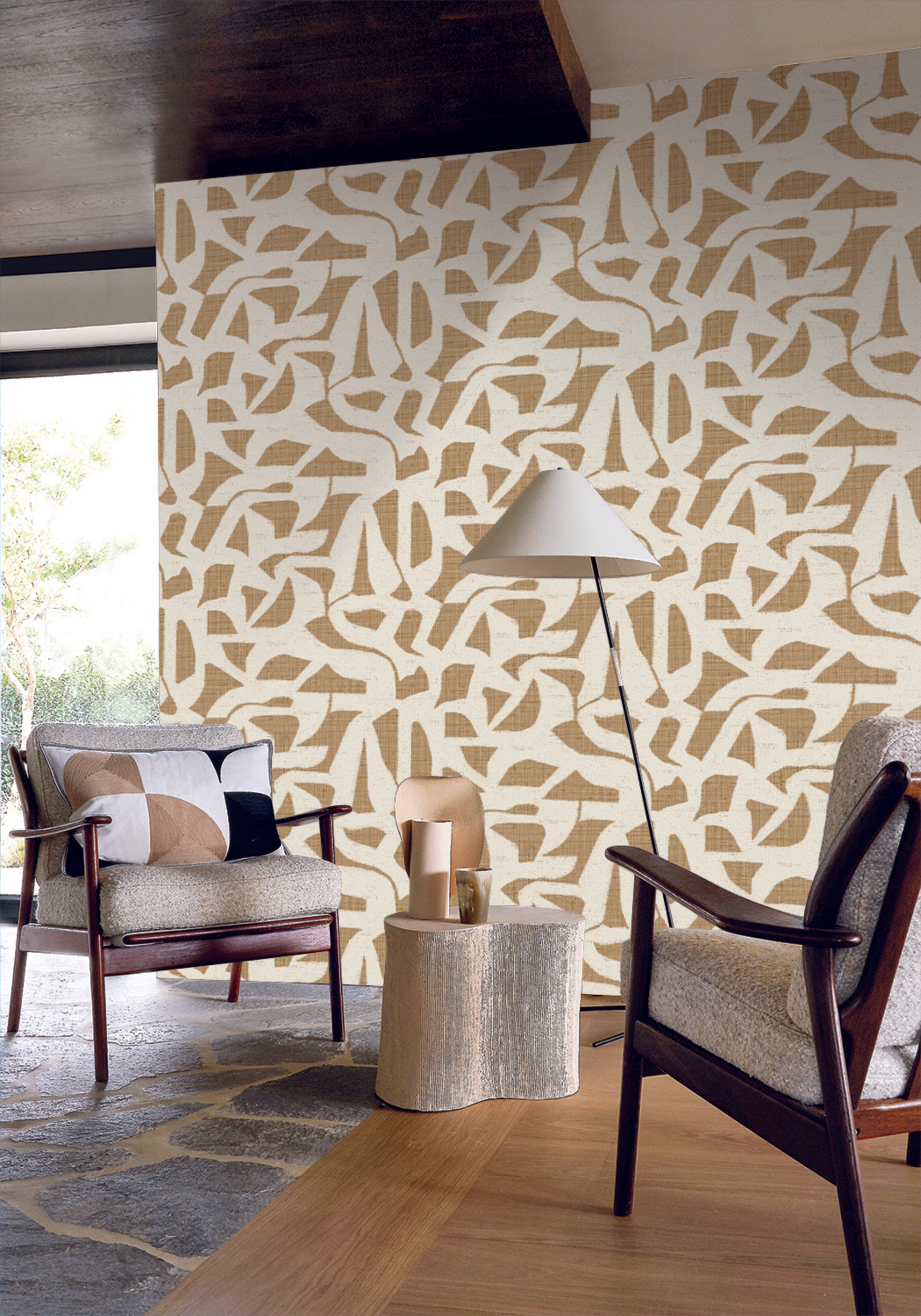 Structural wallpaper imitating fabric with abstract pattern CANA - KAKI green