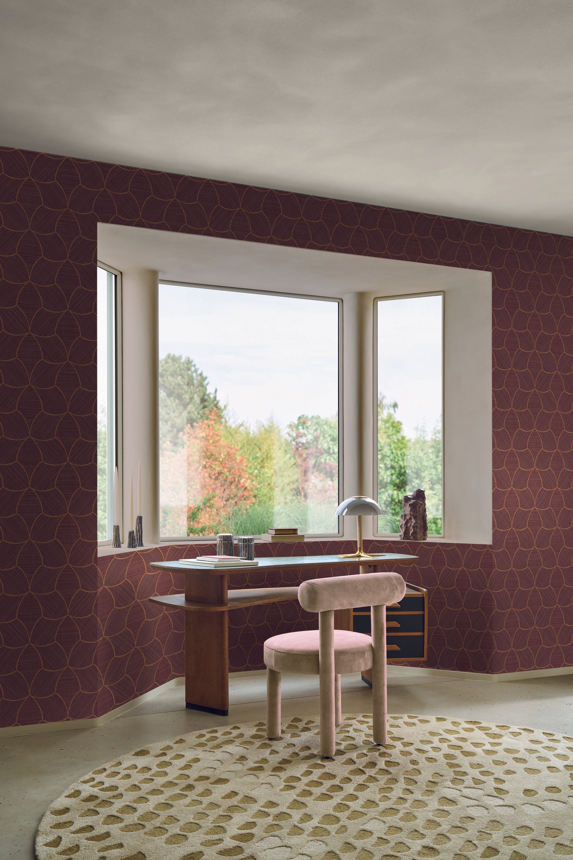 Structural wallpaper mimicking a woven texture with a metallic effect TRESSANA - PURPLE/BRONZE brown