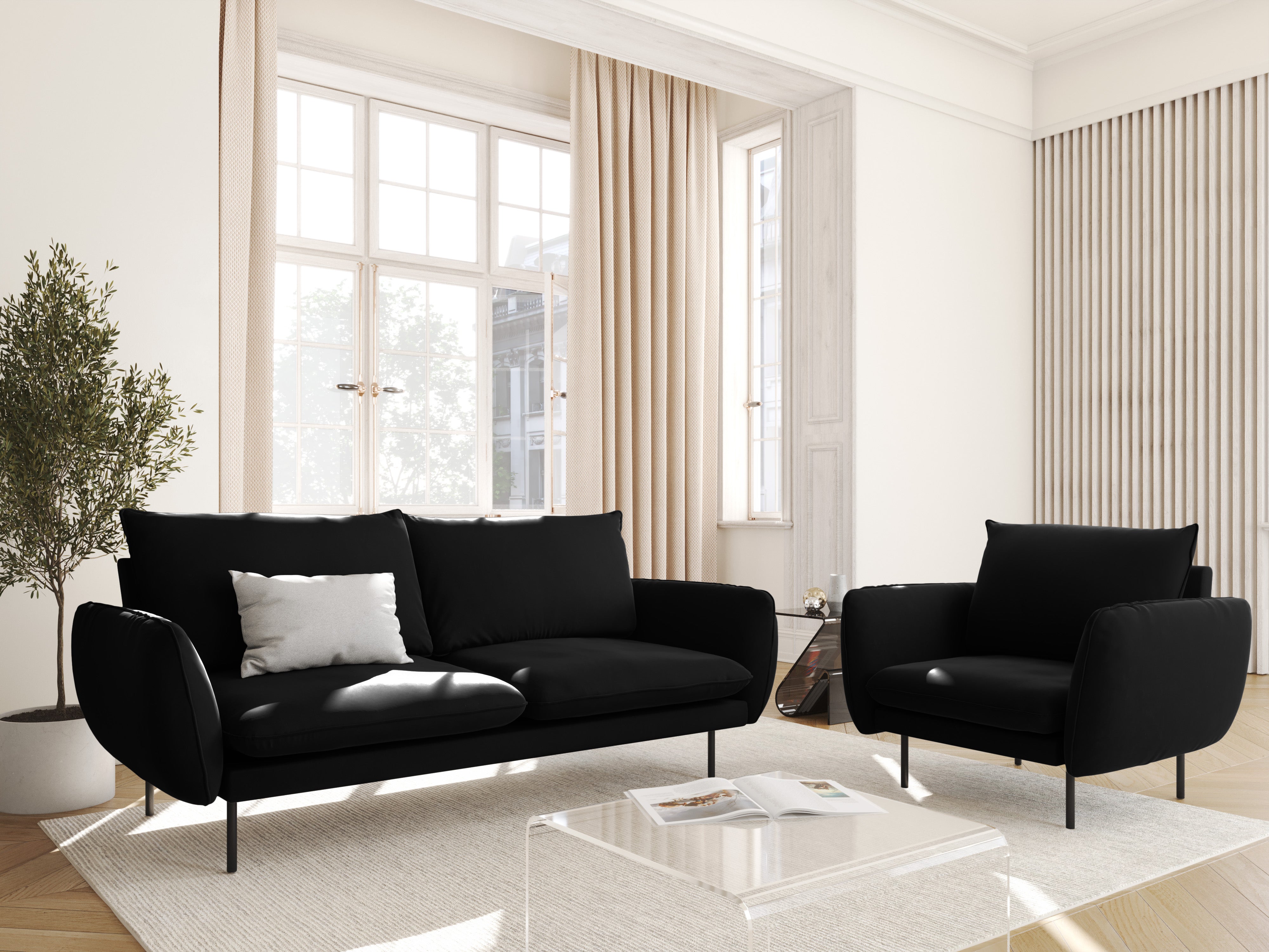 Sofa aksamitna 2-osobowa VIENNA schwarz mit schwarzem Sockel