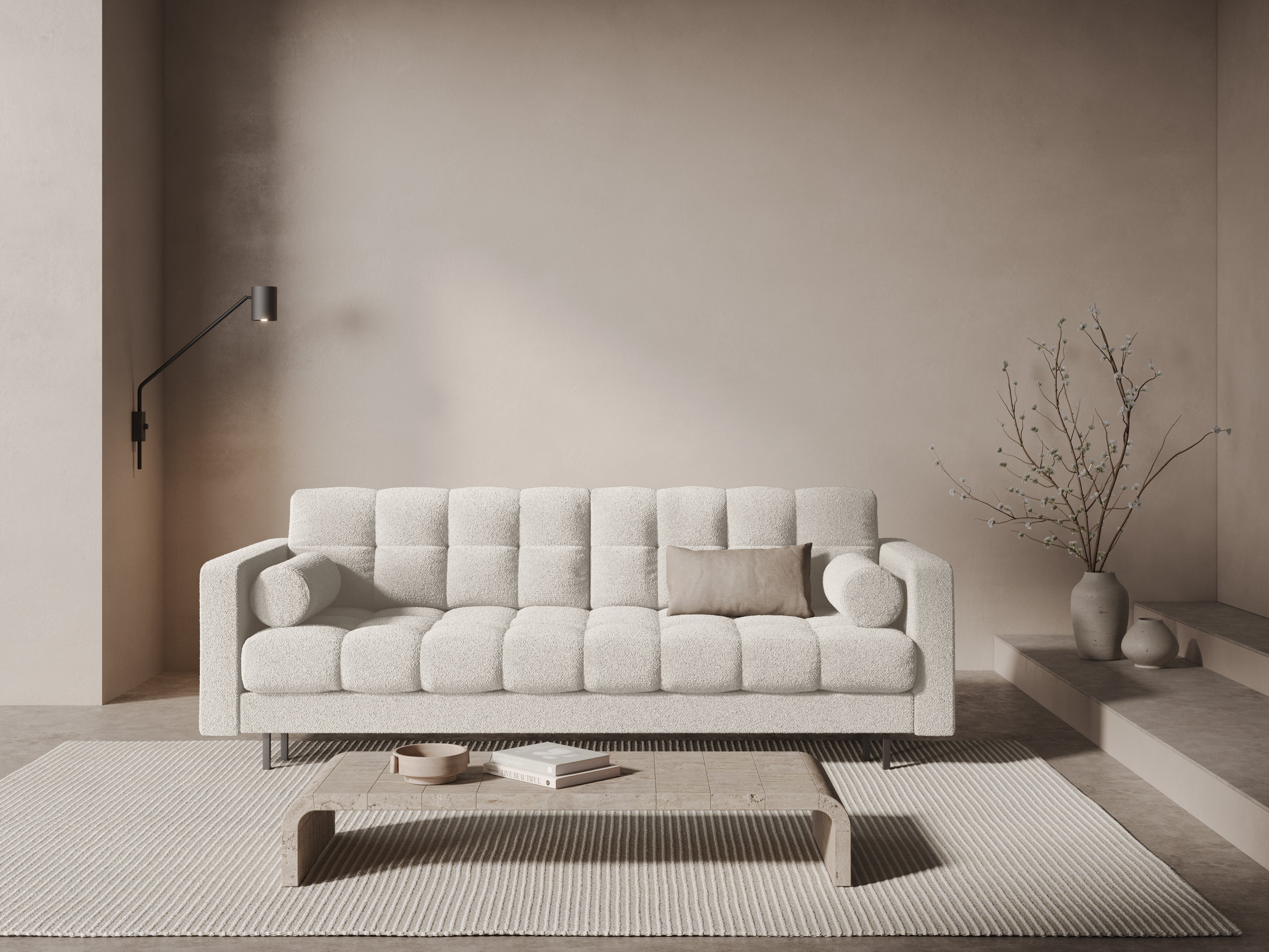 3-seater sofa with sleeping function BALI white bouclé with black base