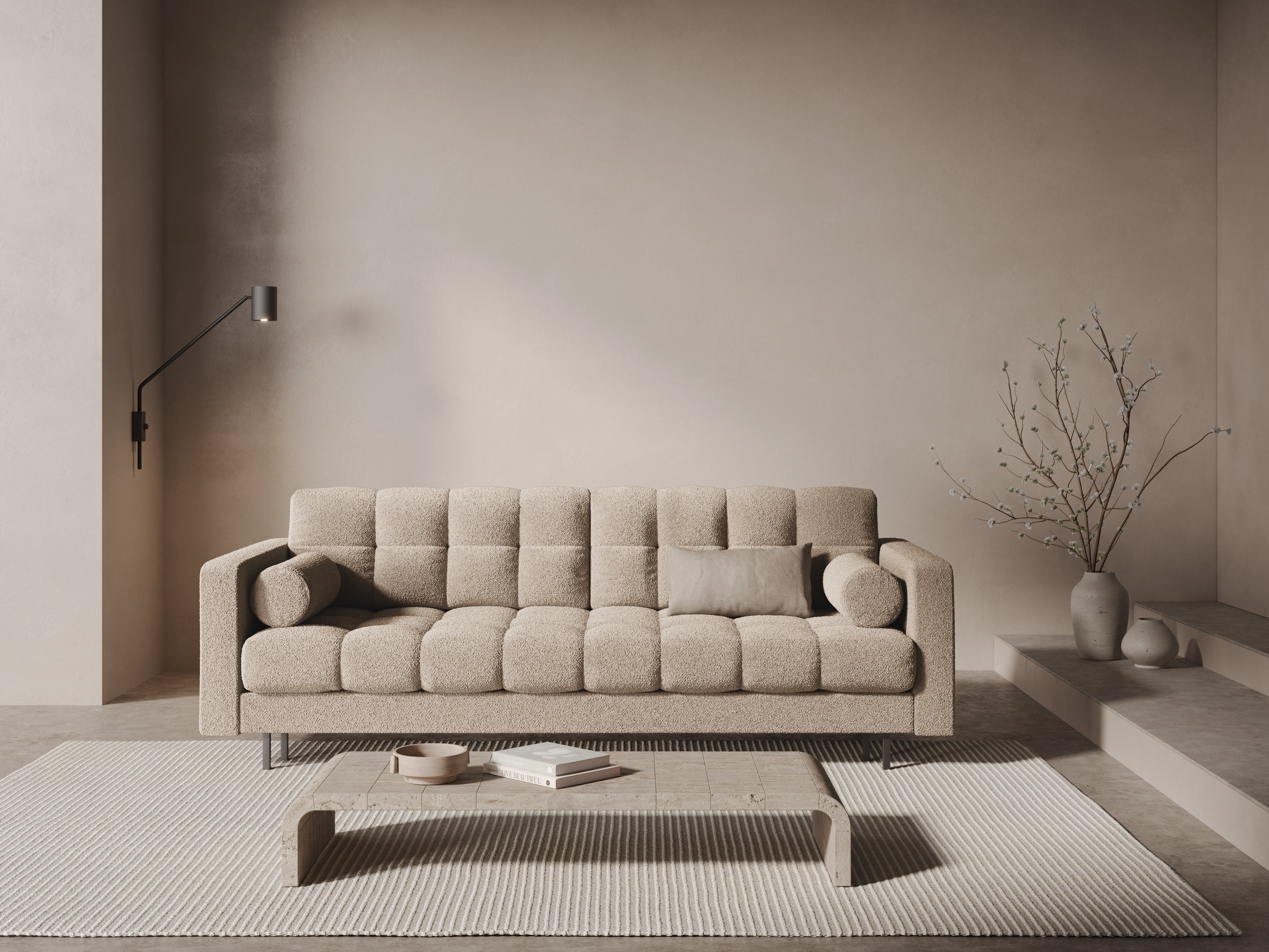 Sofa 3-zits met slaapfunctie BALI beige bouclé met zwarte basis