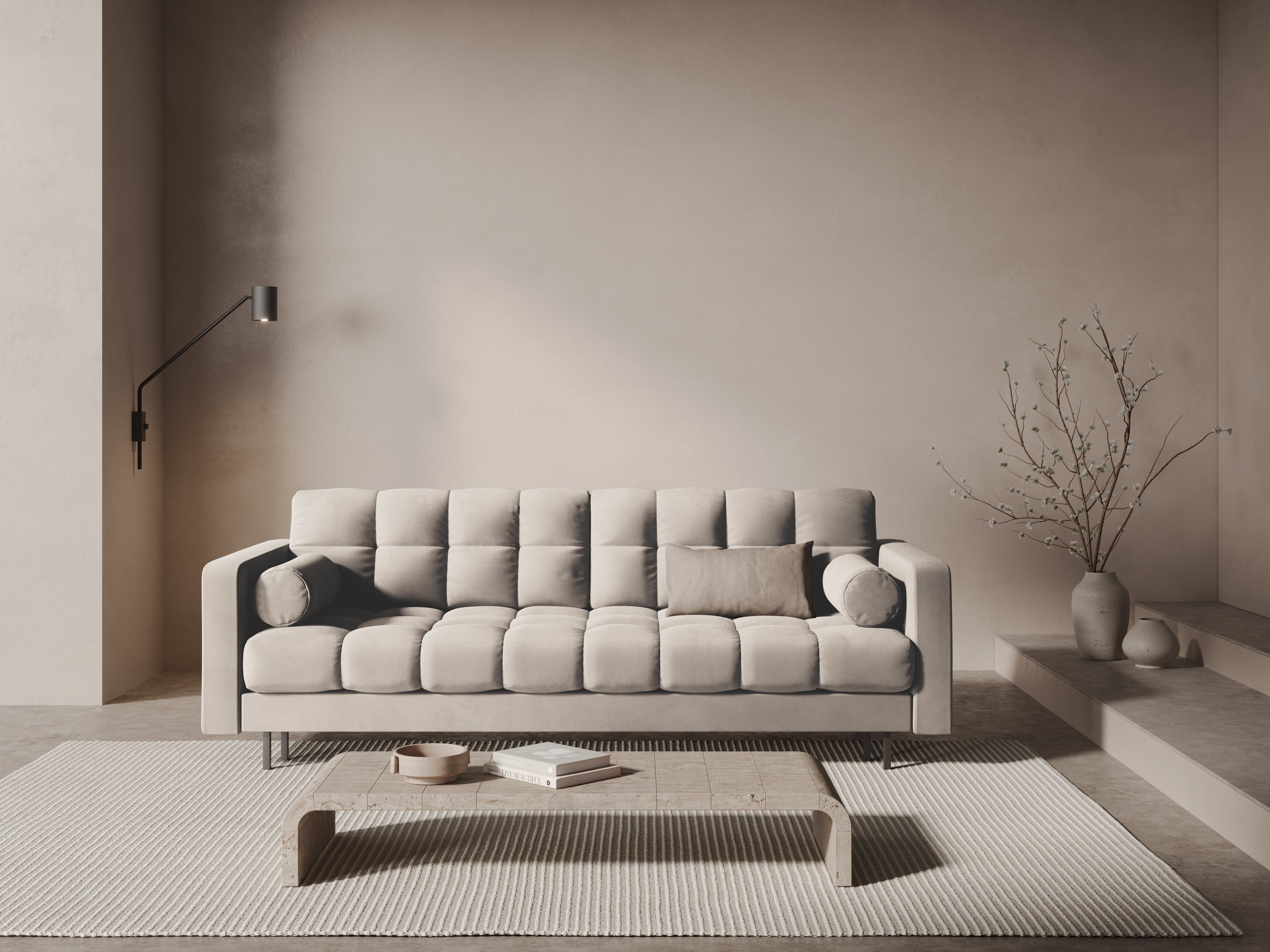 Samt 3-Sitzer Sofa mit Schlaffunktion BALI beige mit schwarzem Gestell