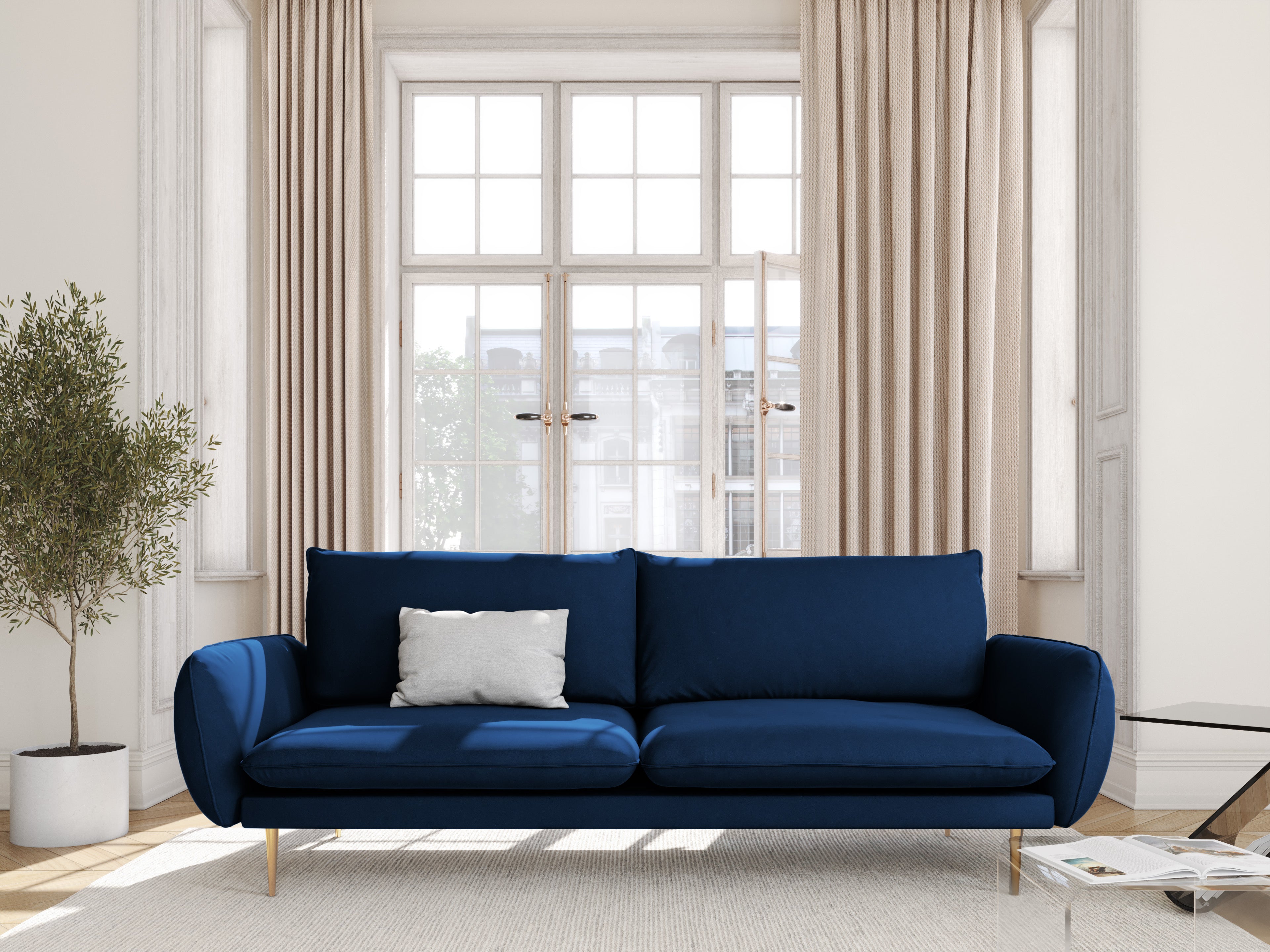 Sofa aksamitna 3-osobowa VIENNA granat królewski ze złotą podstawą