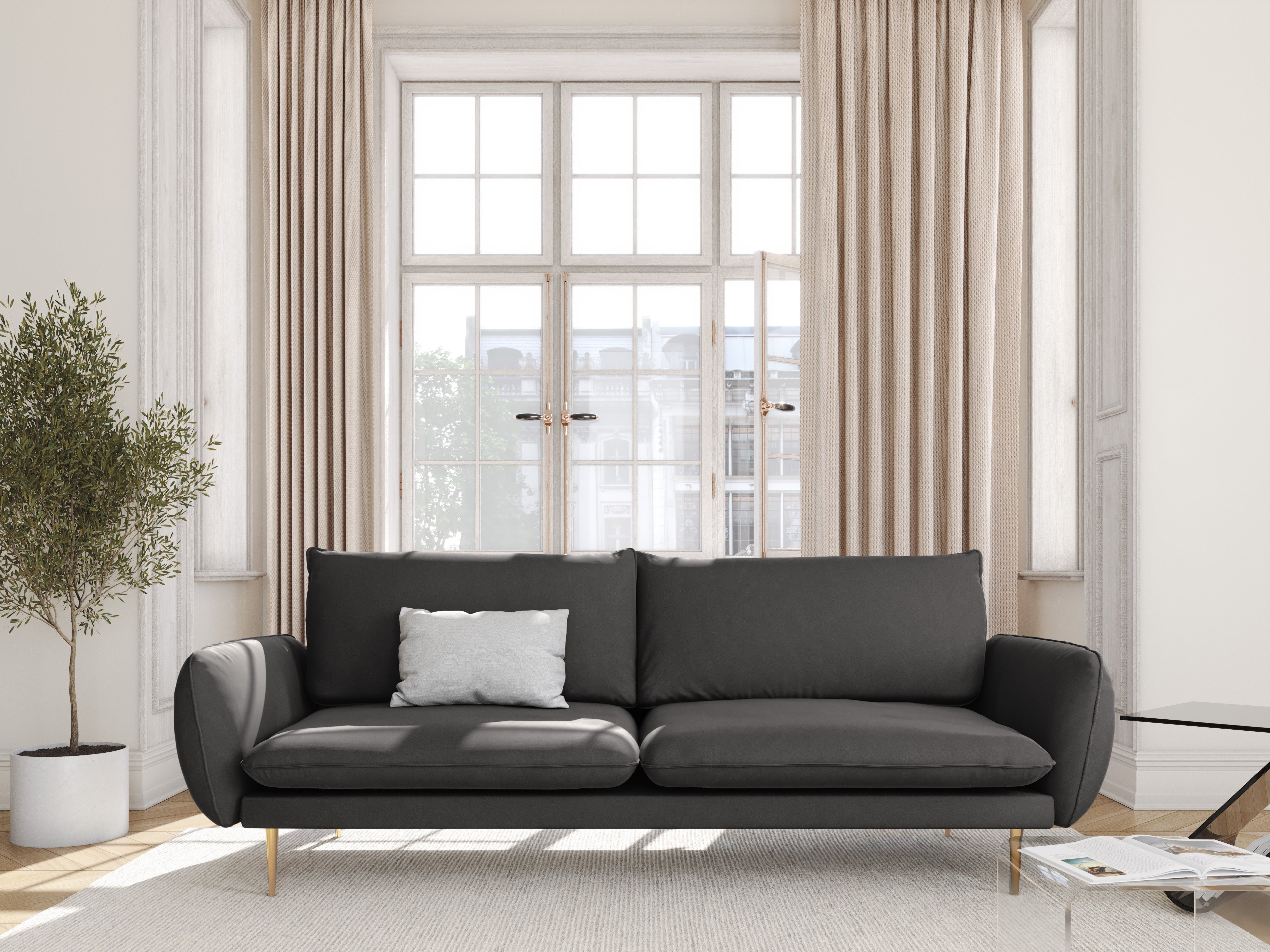 Sofa aus Samt 3-sitzig VIENNA dunkelgrau mit goldenem Gestell