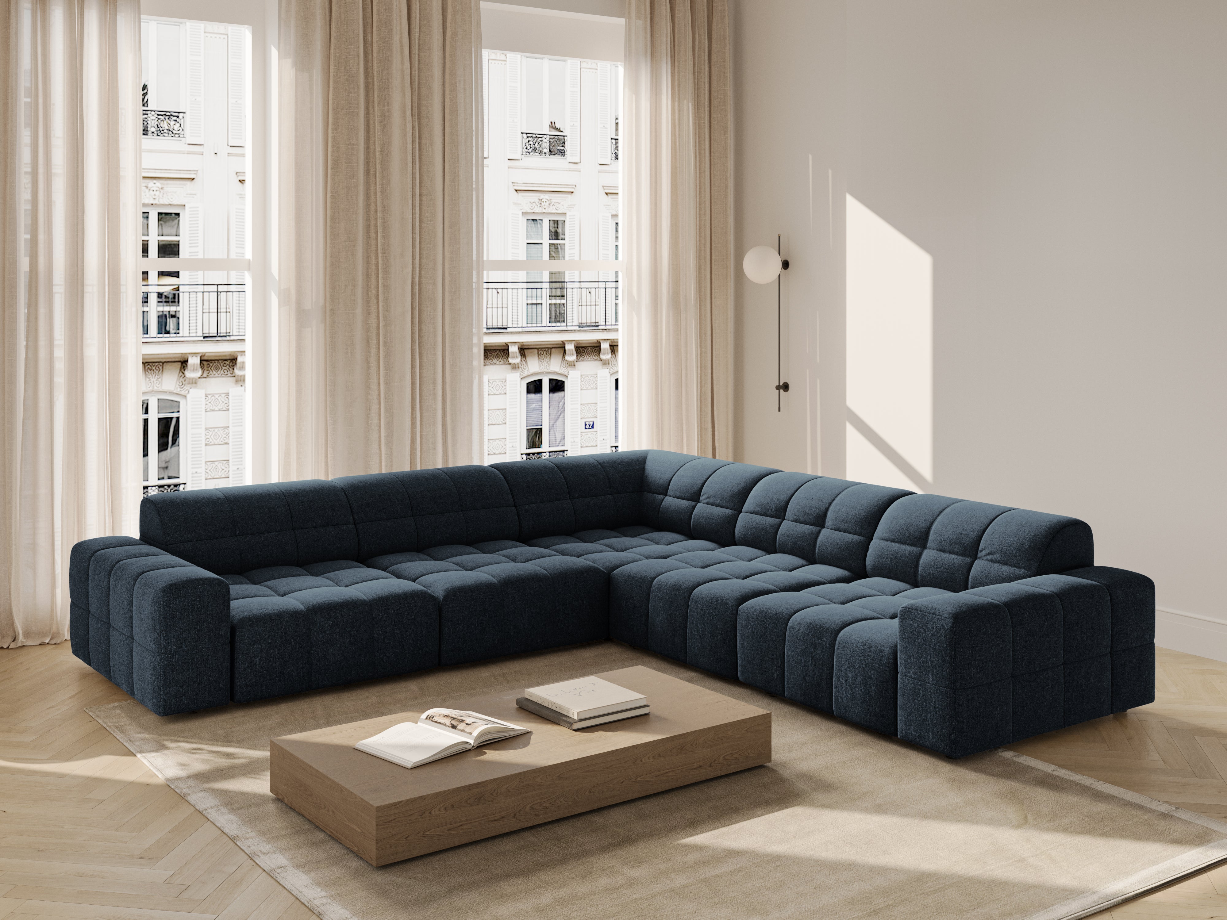 Symmetrische hoekbank CHICAGO blauwe chenille