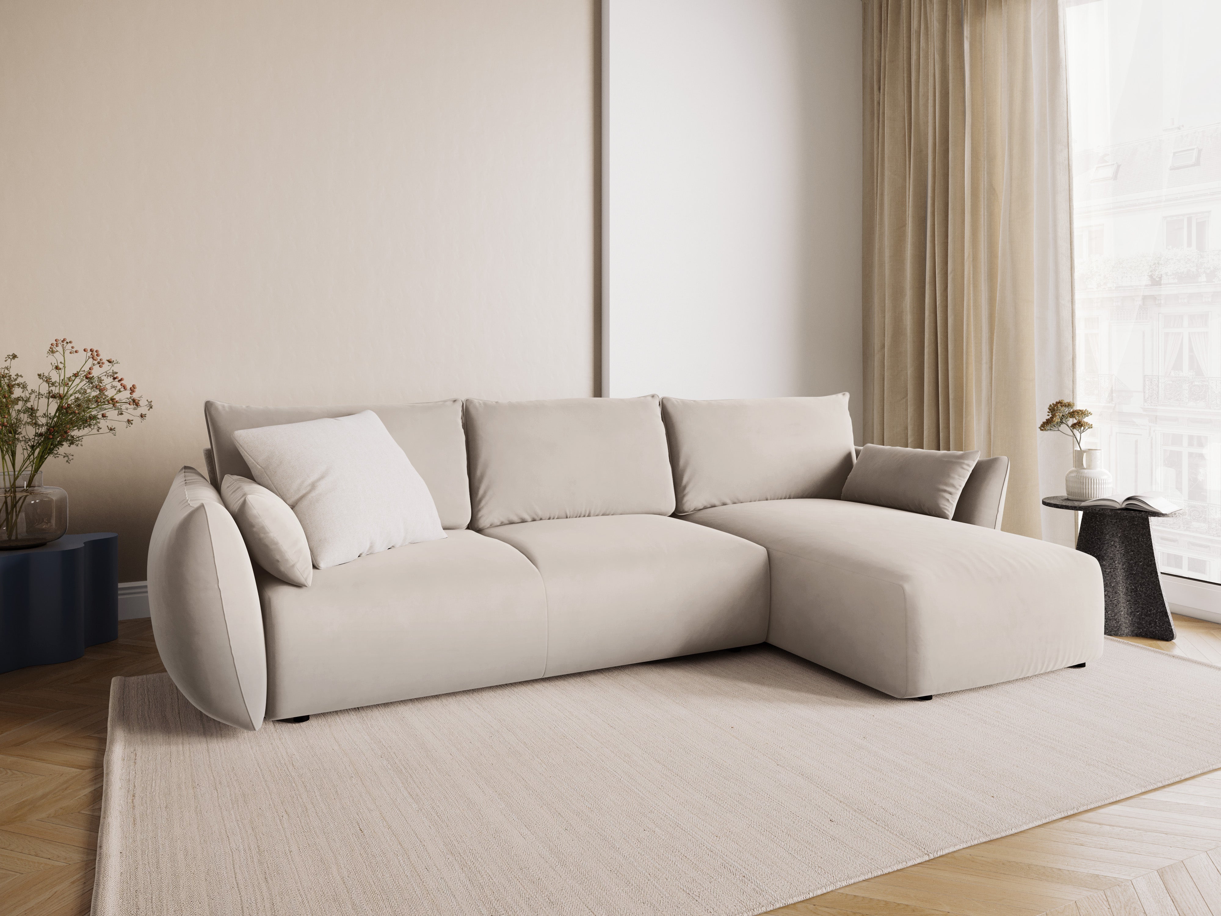 Rechtes Samt-Ecksofa mit Schlaffunktion MATERA beige