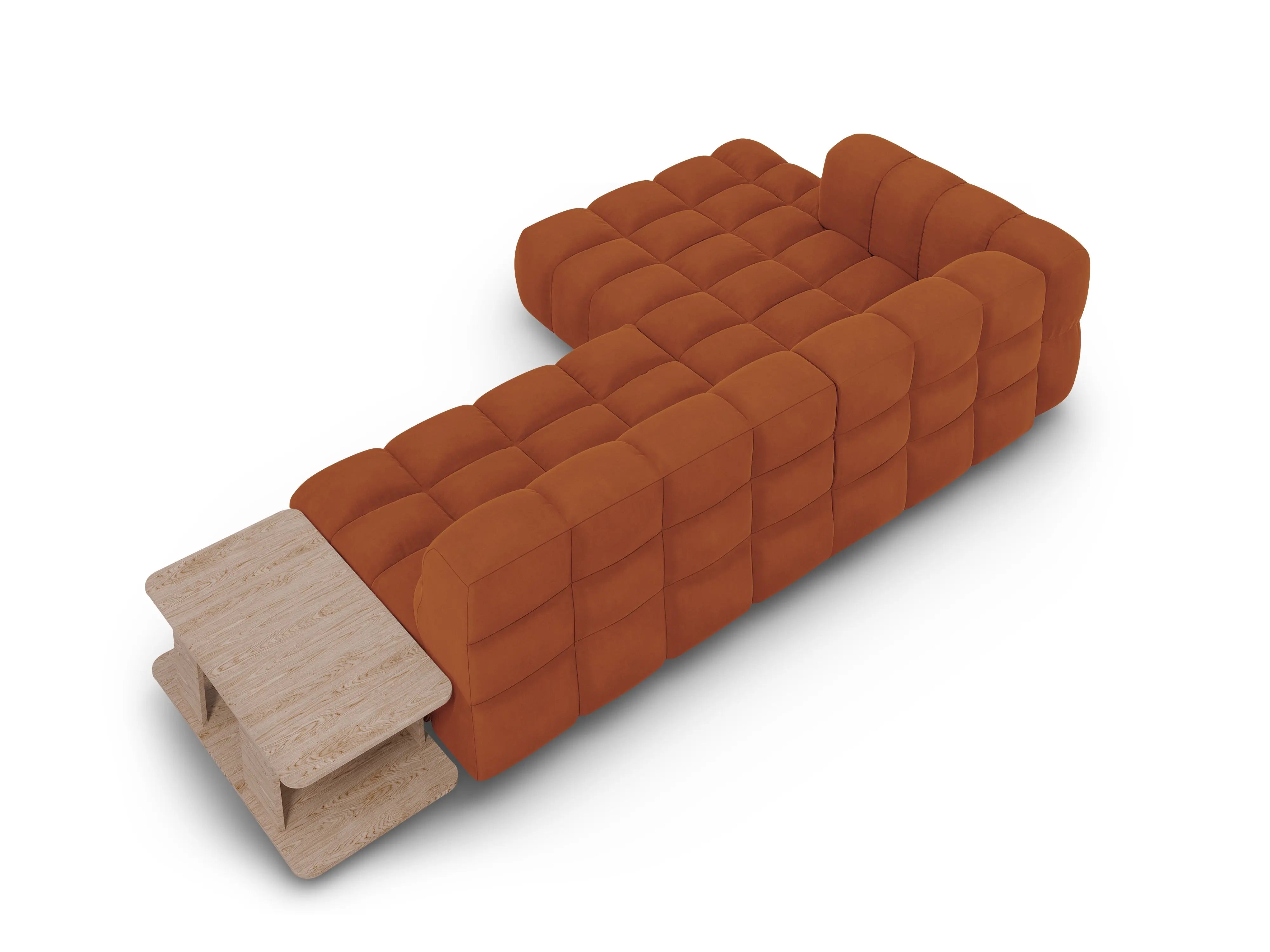 Narożnik aksamitny lewostronny 4-osobowy otwarty ze stolikiem SKY terracotta do salonu – Cosmopolitan Design