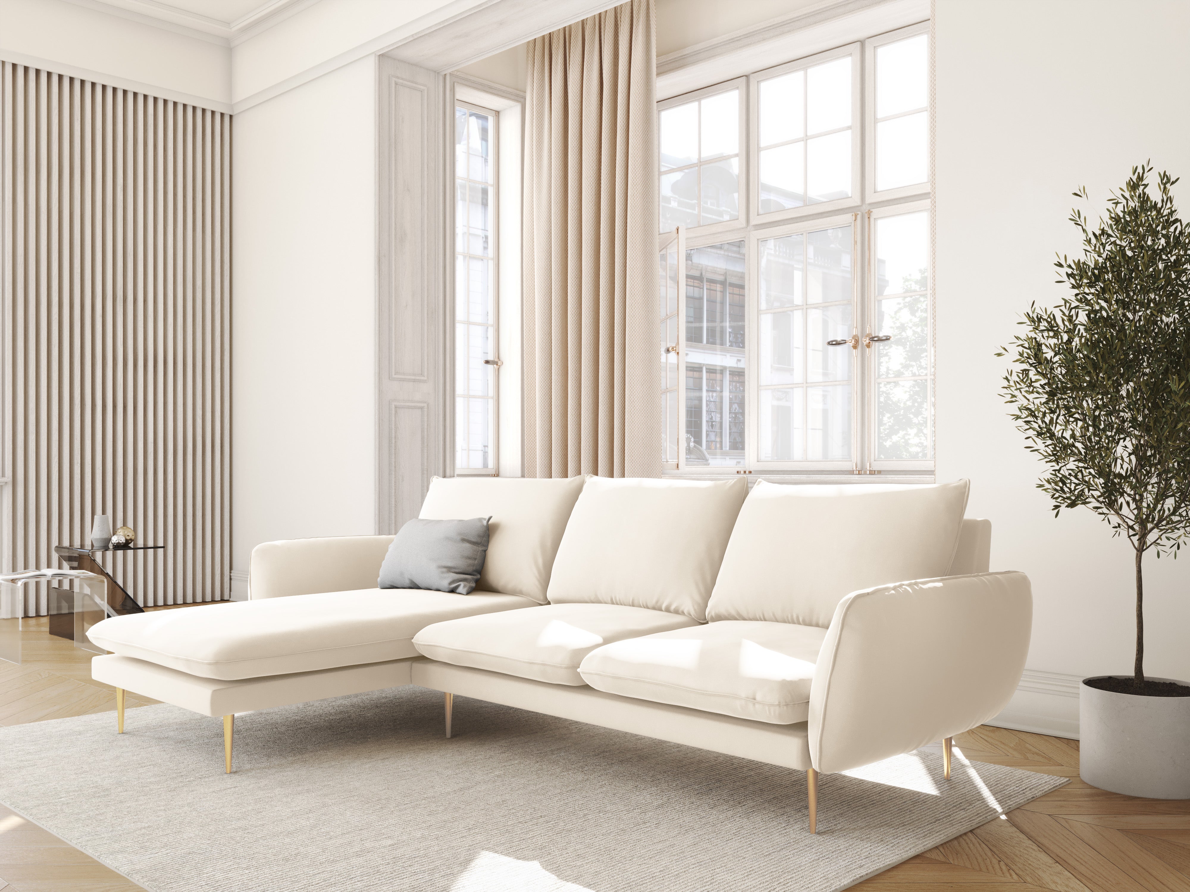 Samt-Ecksofa linksseitig für 5 Personen VIENNA beige mit goldenem Fuß