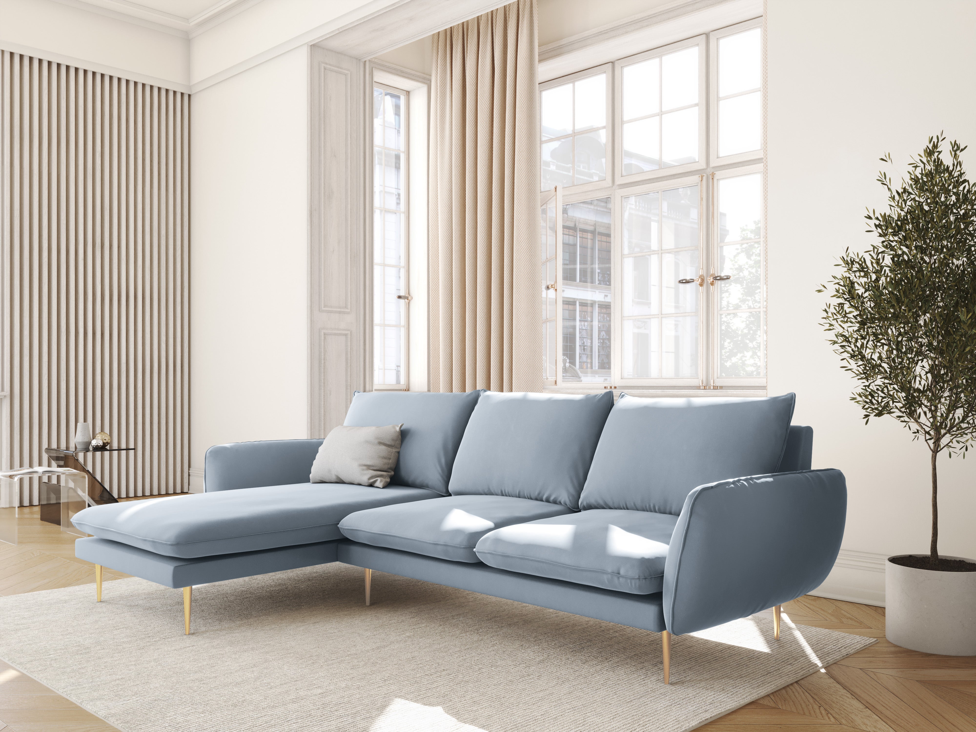Velours hoekbank links 5-persoons VIENNA lichtblauw met gouden basis