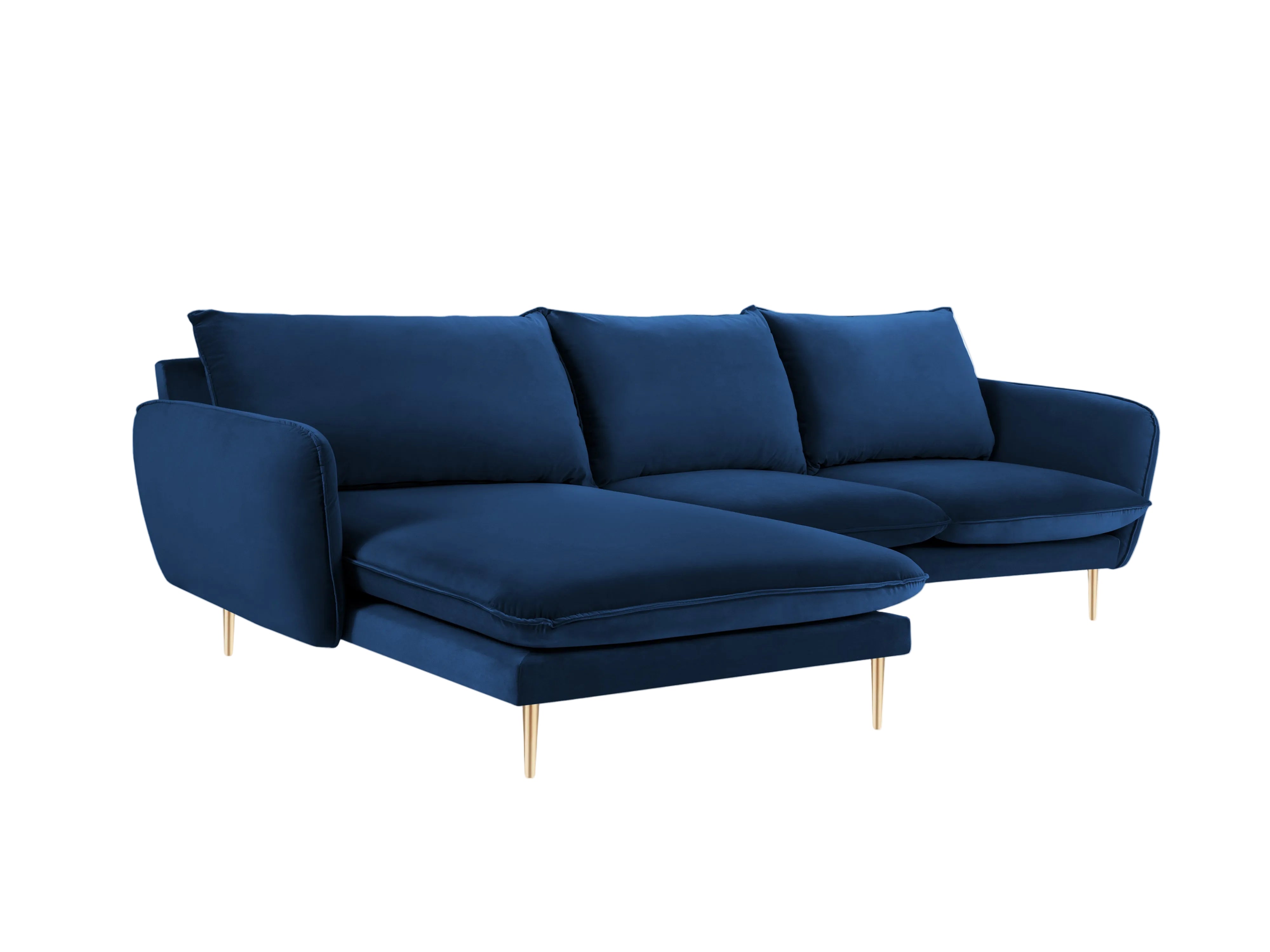Left-facing velvet corner sofa for 5 people VIENNA in royal blue with a gold base