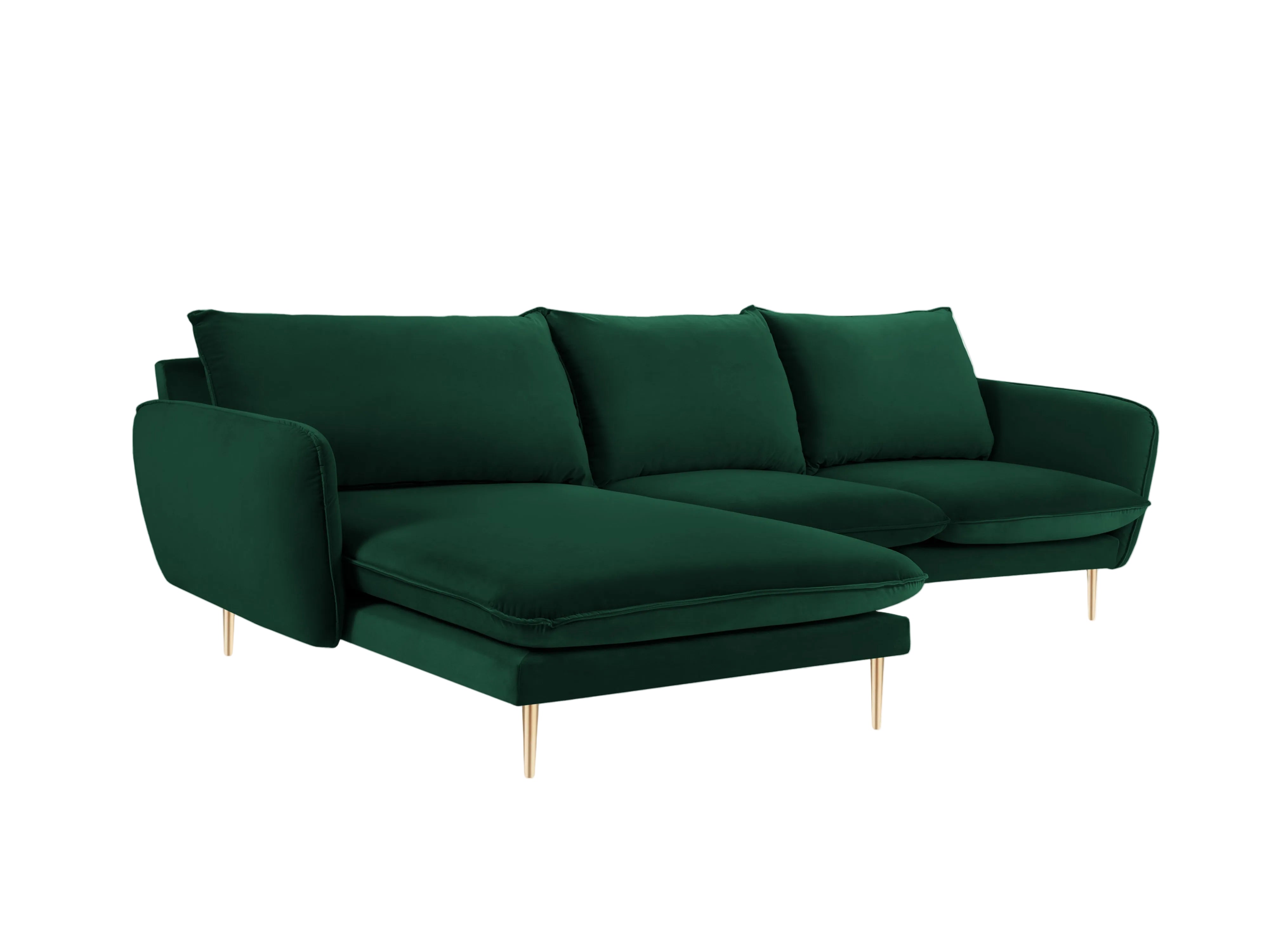 Samt-Ecksofa linksseitig für 5 Personen VIENNA in Flaschengrün mit goldener Basis
