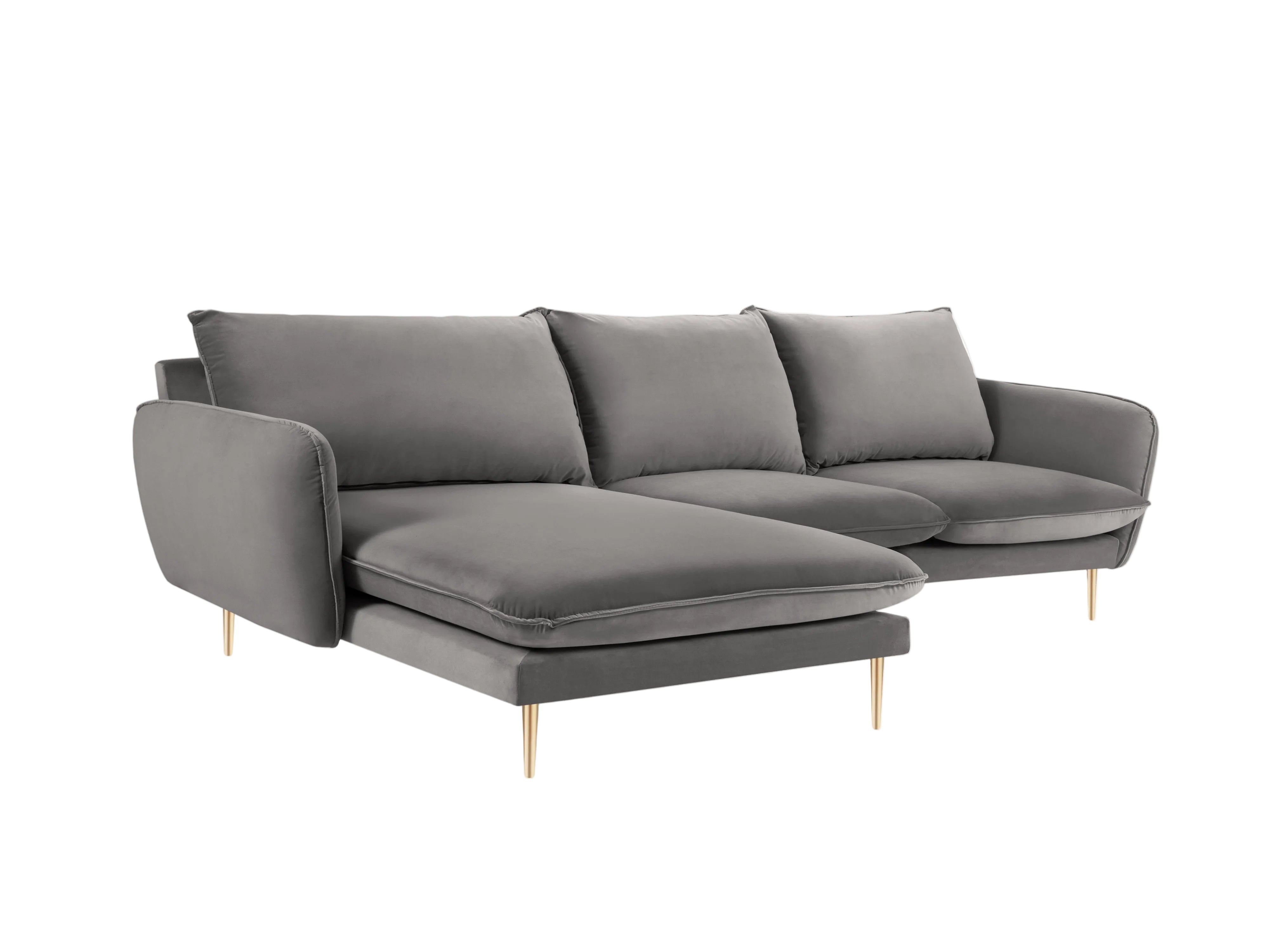 Velours hoekbank links 5-persoons VIENNA lichtgrijs met gouden basis