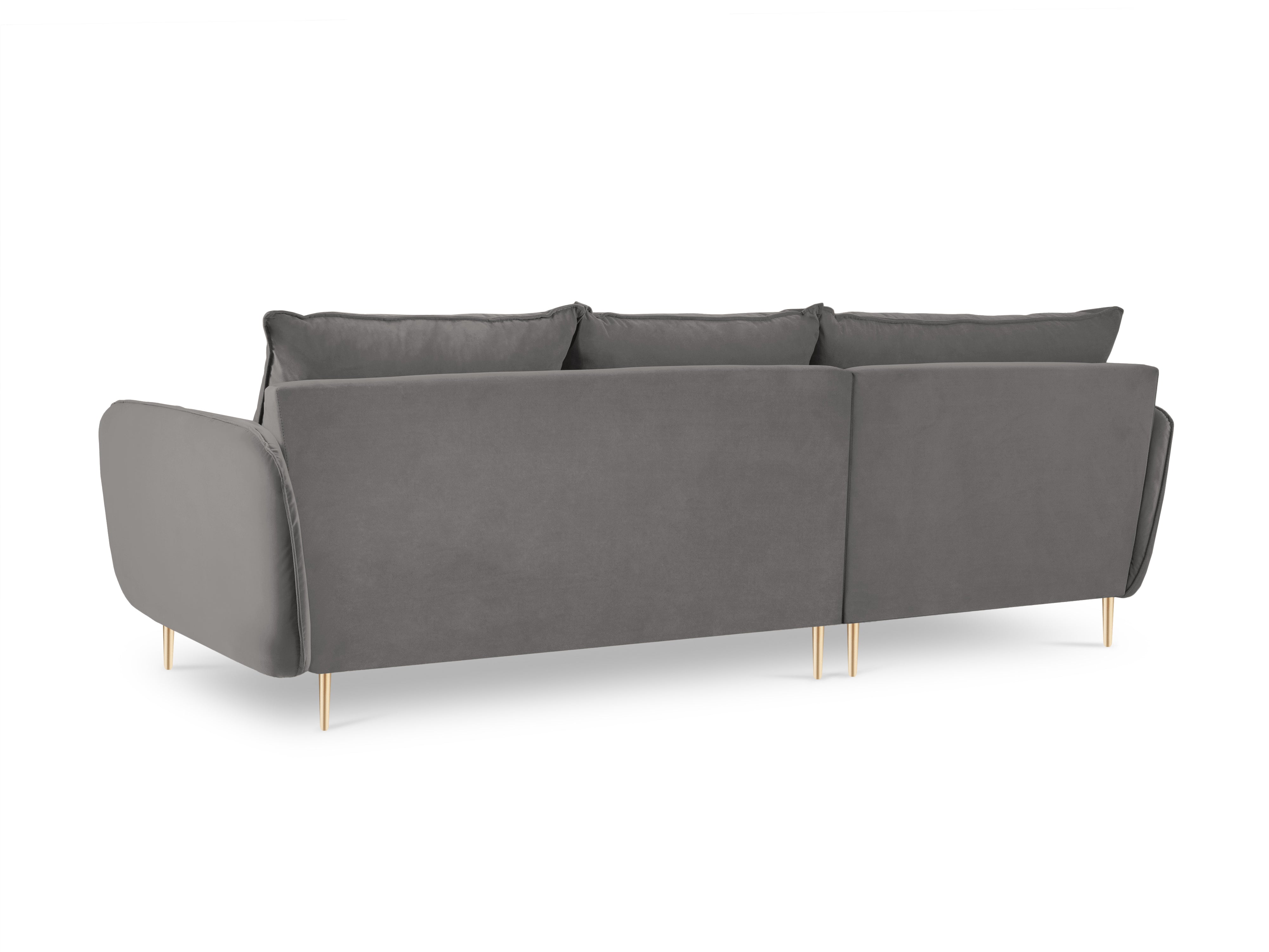 Left-facing velvet corner sofa for 5 people VIENNA in light gray with a gold base