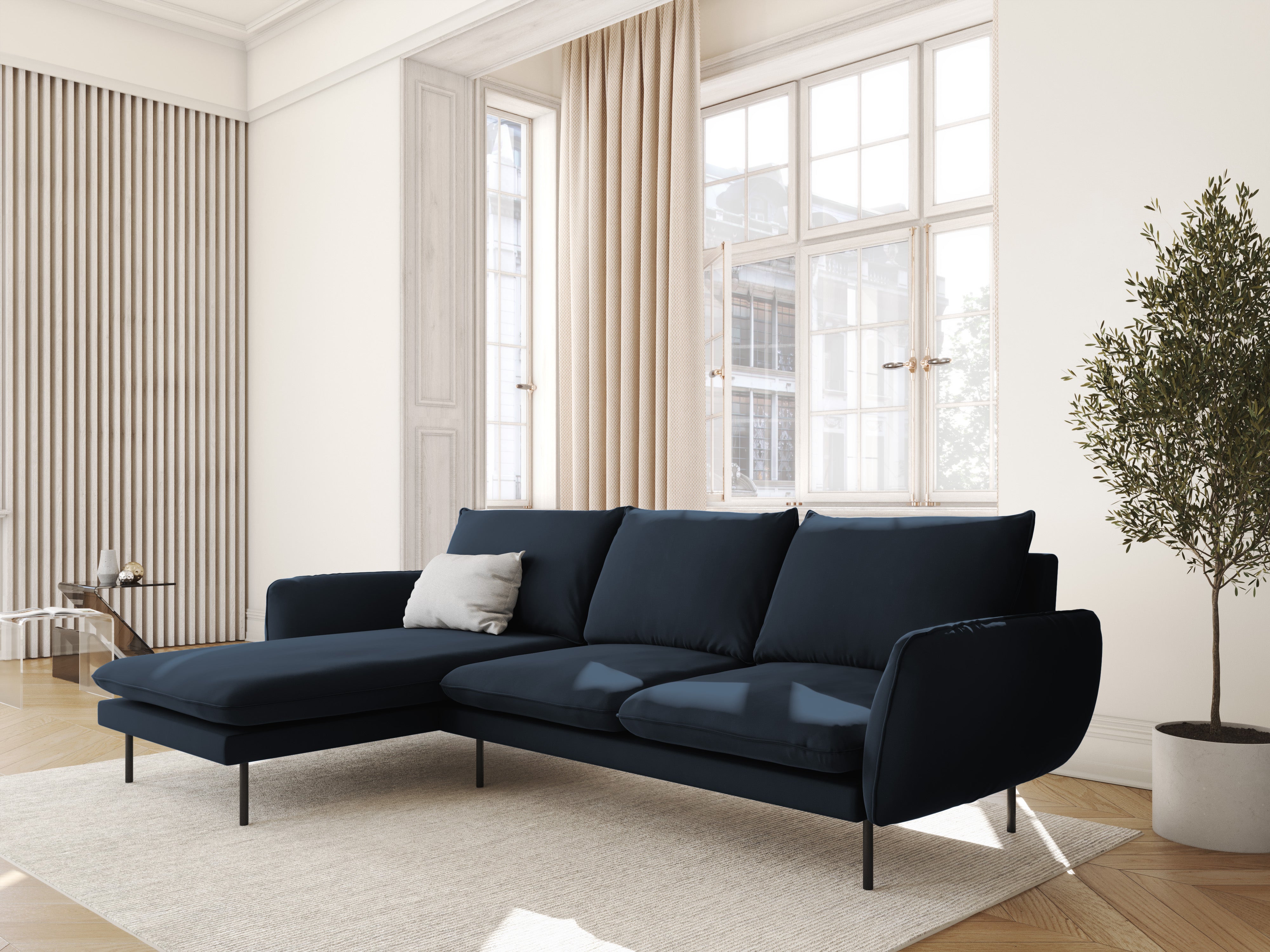 Left-facing velvet corner sofa for 5 people VIENNA in dark blue with a black base