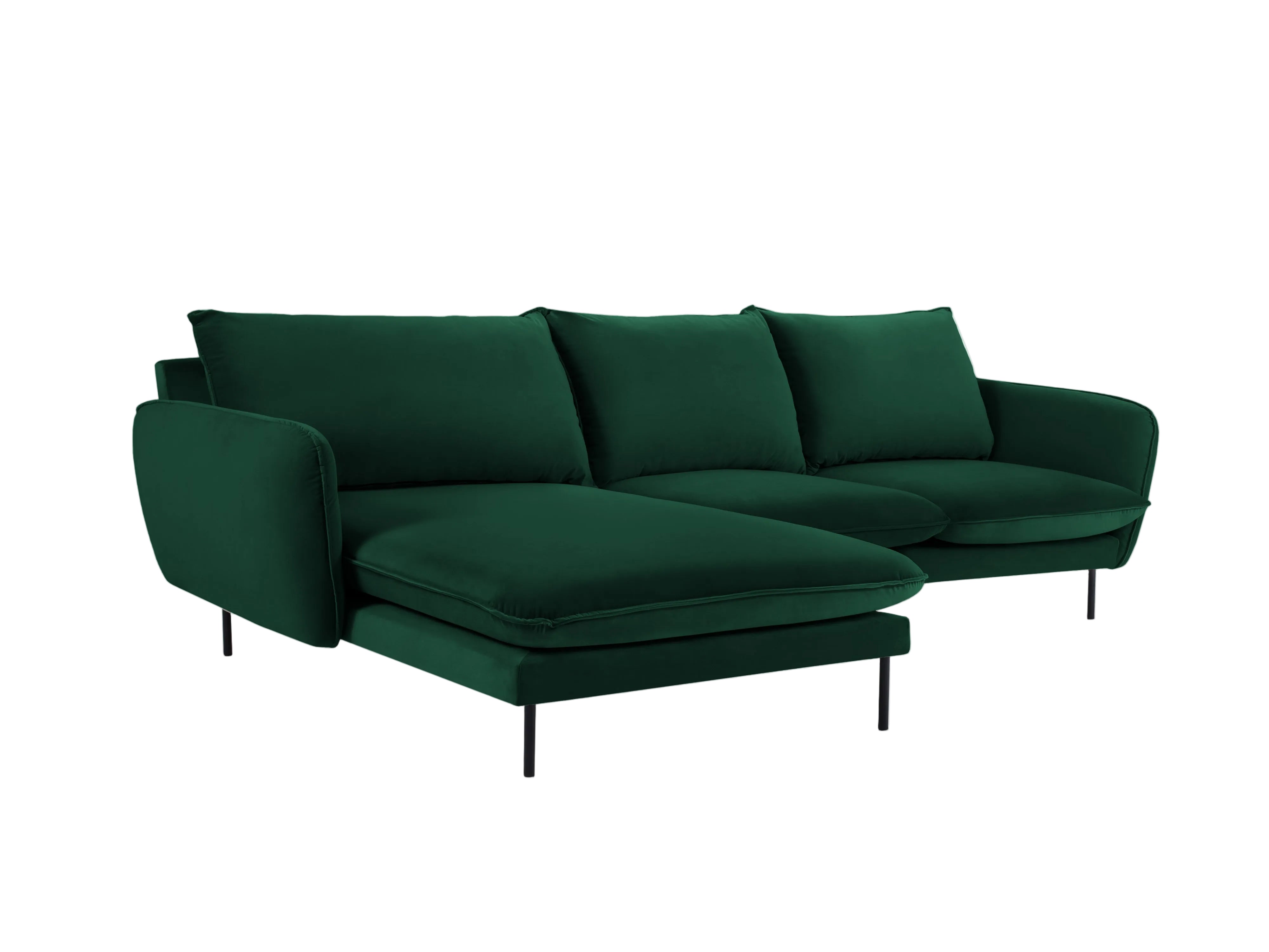 Samt-Ecksofa linksseitig für 5 Personen VIENNA in Flaschengrün mit schwarzem Gestell